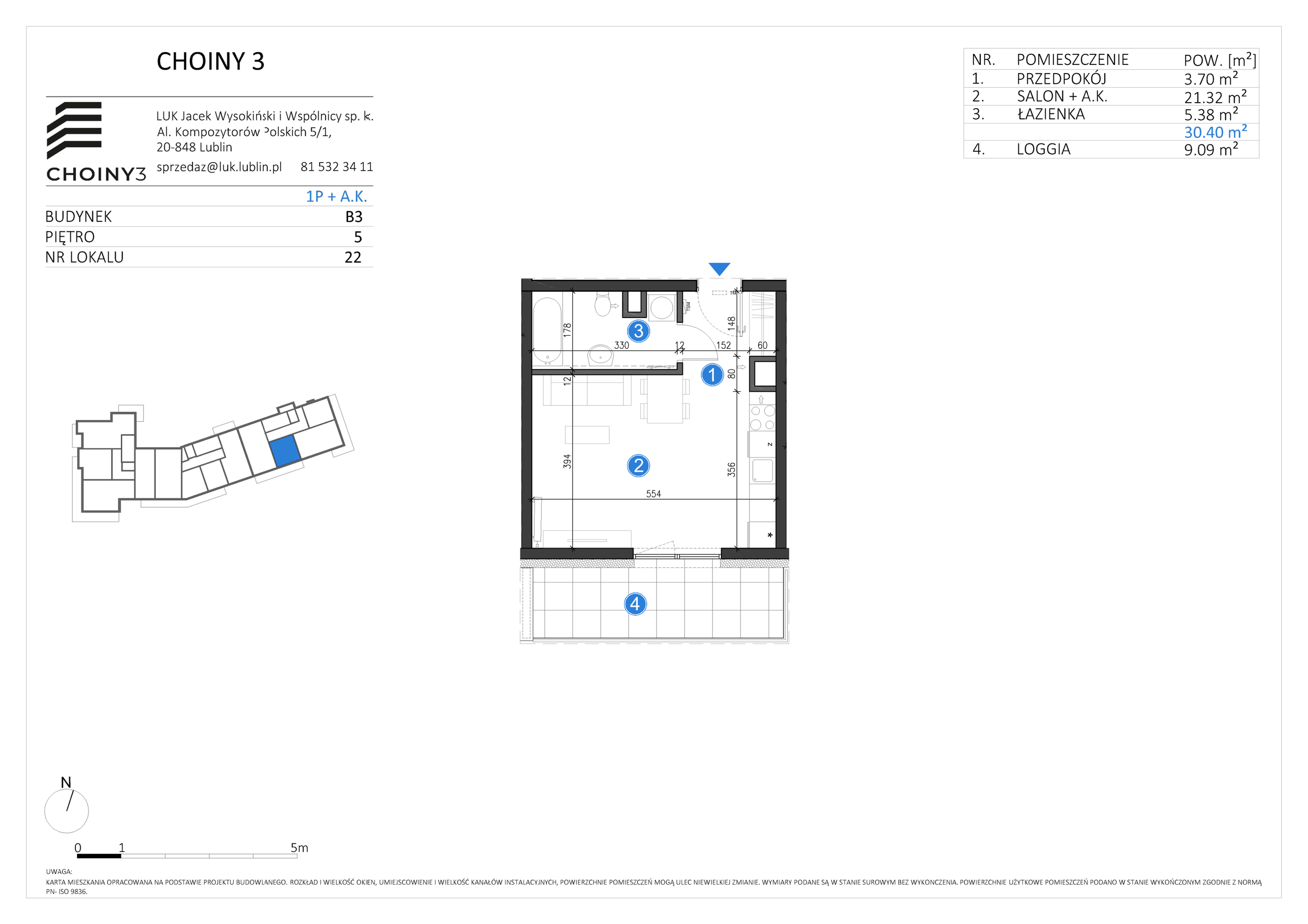 Mieszkanie 30,40 m², piętro 5, oferta nr 22, Choiny 3 Budynek B3, Lublin, Czechów Północny, ul. Choiny 3-idx