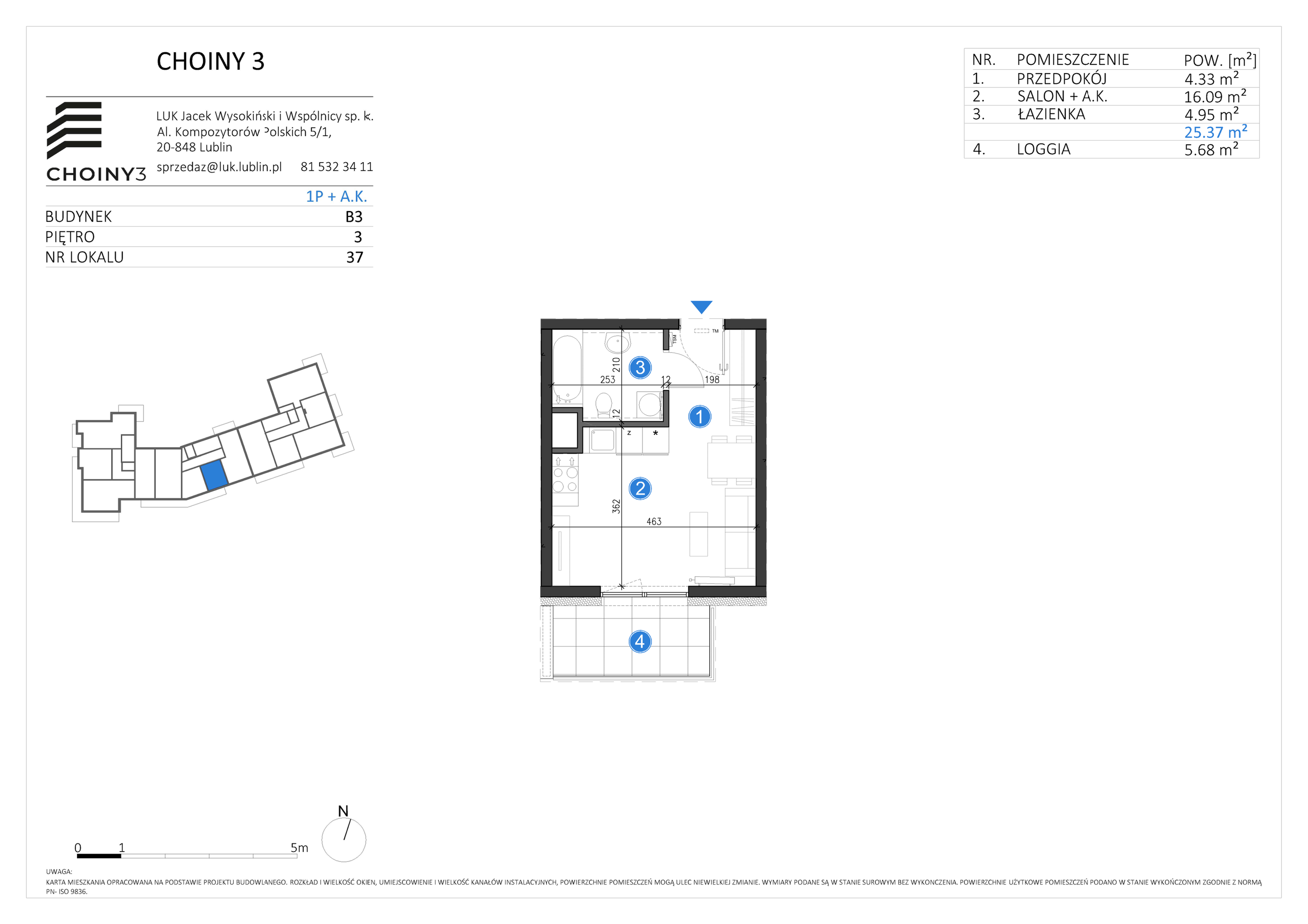 Mieszkanie 25,37 m², piętro 3, oferta nr 37, Choiny 3 Budynek B3, Lublin, Czechów Północny, ul. Choiny 3-idx