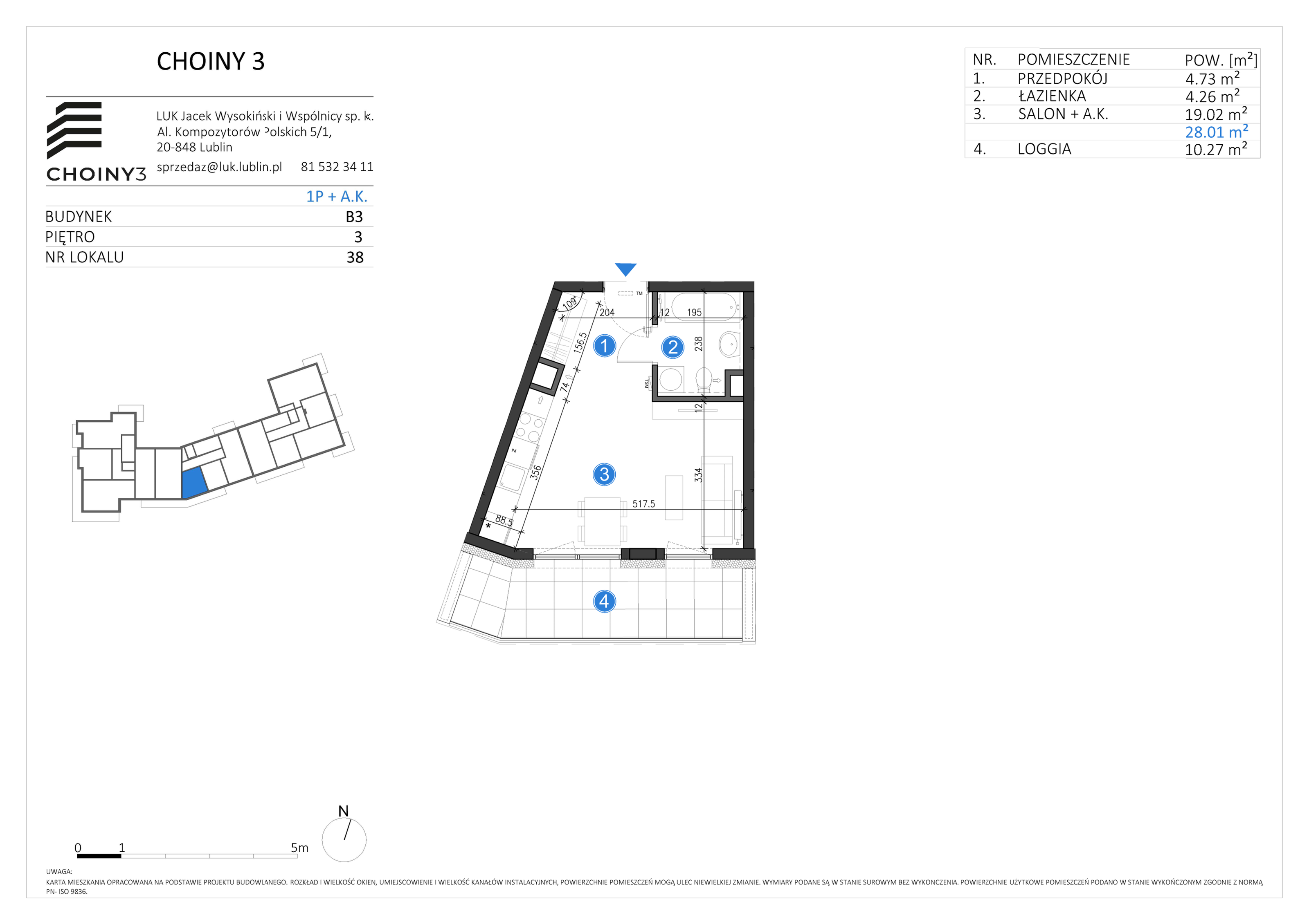 Mieszkanie 28,01 m², piętro 3, oferta nr 38, Choiny 3 Budynek B3, Lublin, Czechów Północny, ul. Choiny 3-idx