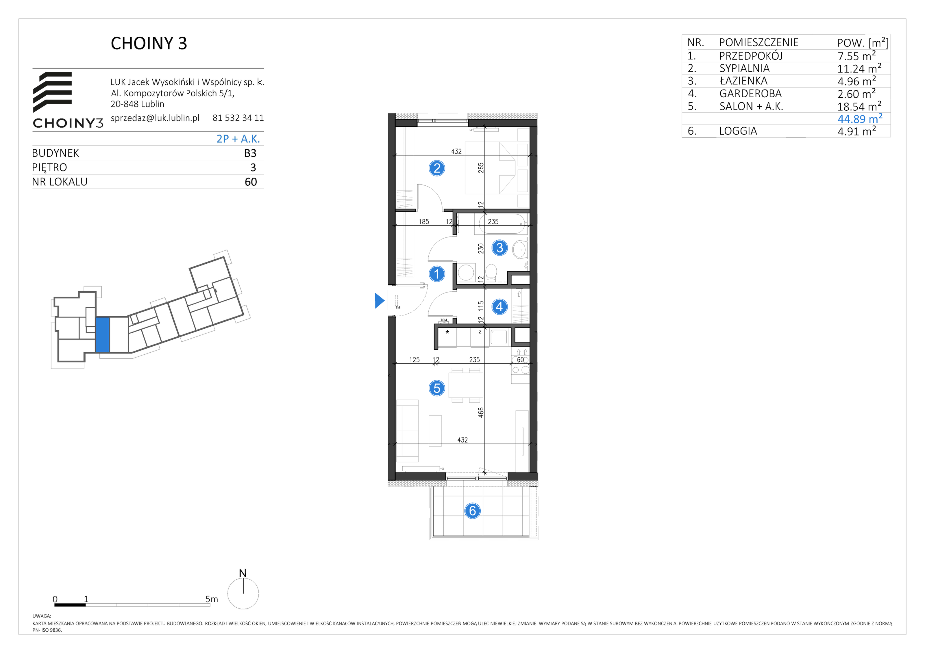 Mieszkanie 44,89 m², piętro 3, oferta nr 60, Choiny 3 Budynek B3, Lublin, Czechów Północny, ul. Choiny 3-idx