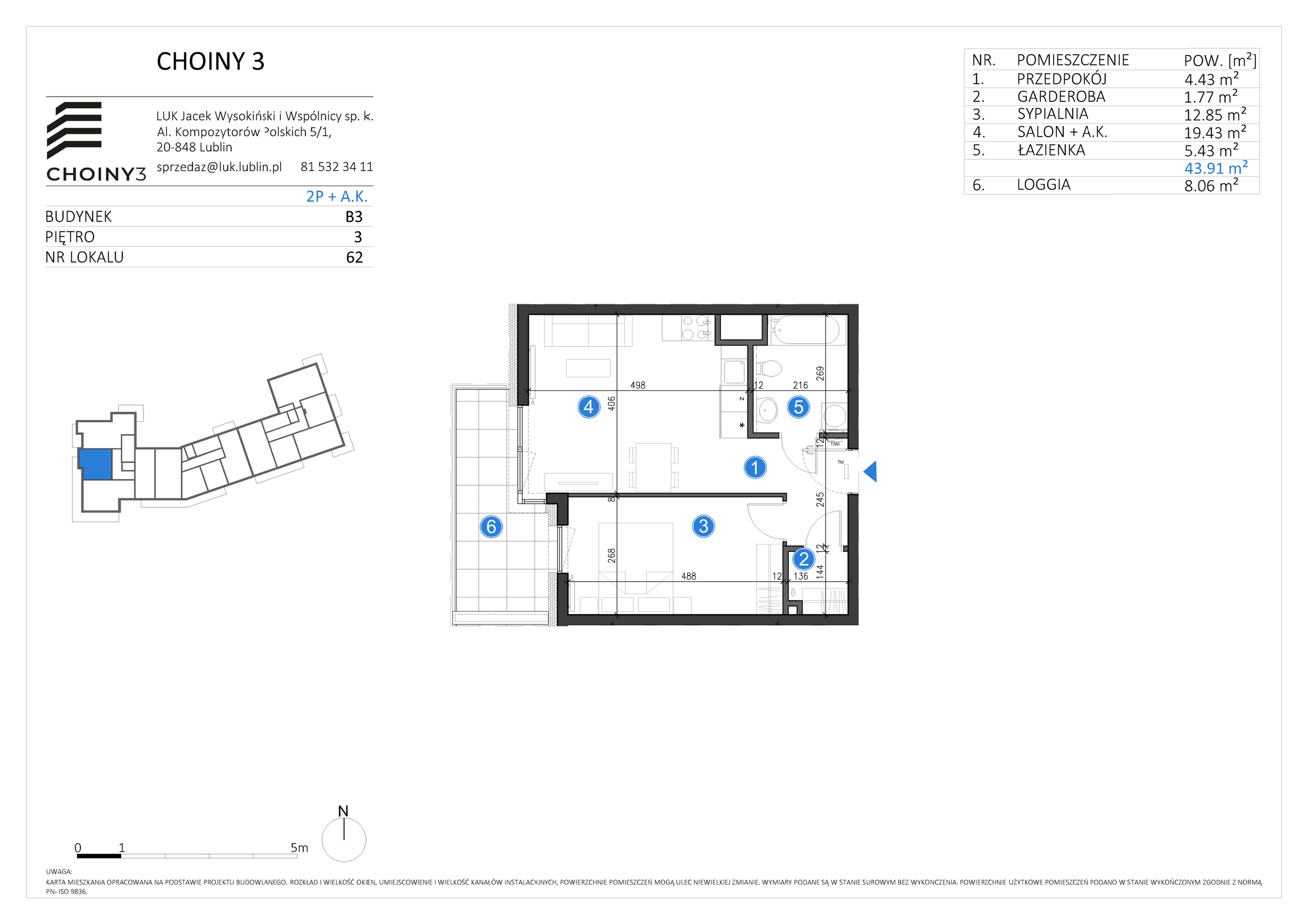 Mieszkanie 43,91 m², piętro 3, oferta nr 62, Choiny 3 Budynek B3, Lublin, Czechów Północny, ul. Choiny 3-idx