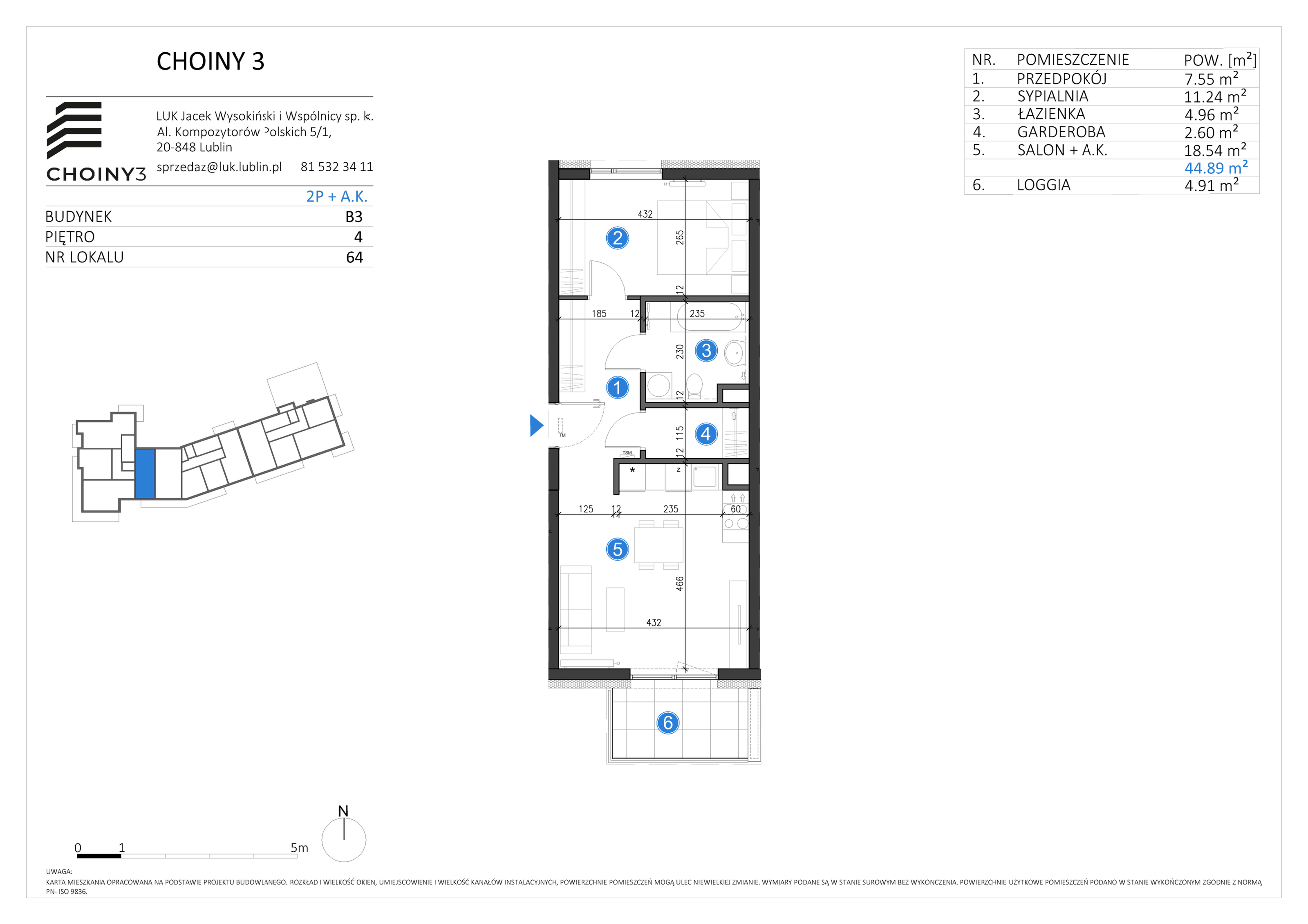 Mieszkanie 44,89 m², piętro 4, oferta nr 64, Choiny 3 Budynek B3, Lublin, Czechów Północny, ul. Choiny 3-idx