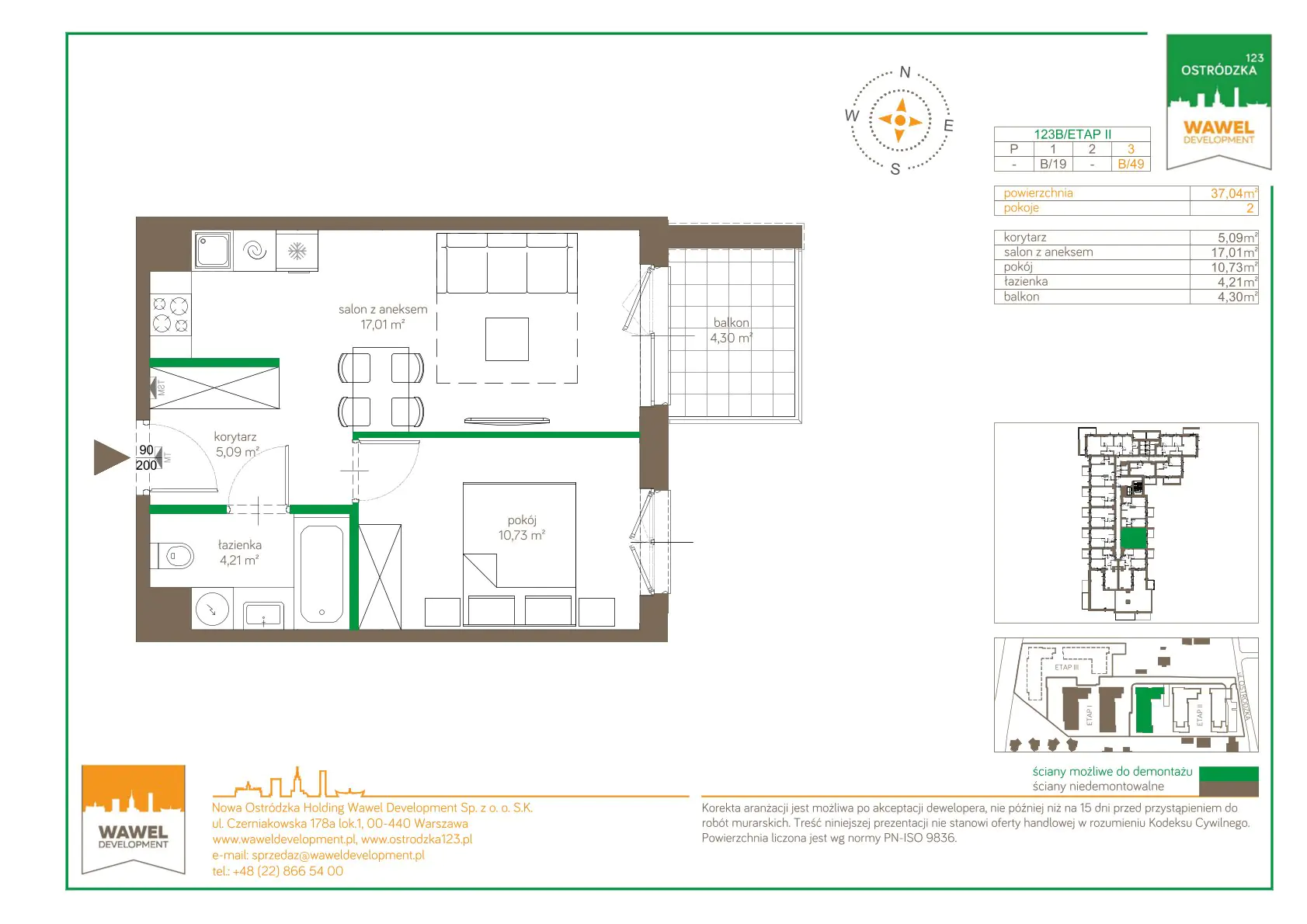 Mieszkanie 37,04 m², piętro 3, oferta nr 123 B/B-49, Ostródzka 123 - Etap II, Warszawa, Białołęka, Brzeziny, ul. Ostródzka 123-idx