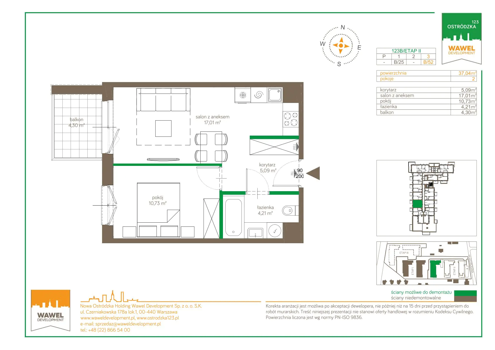 Mieszkanie 37,04 m², piętro 3, oferta nr 123 B/B-52, Ostródzka 123 - Etap II, Warszawa, Białołęka, Brzeziny, ul. Ostródzka 123-idx