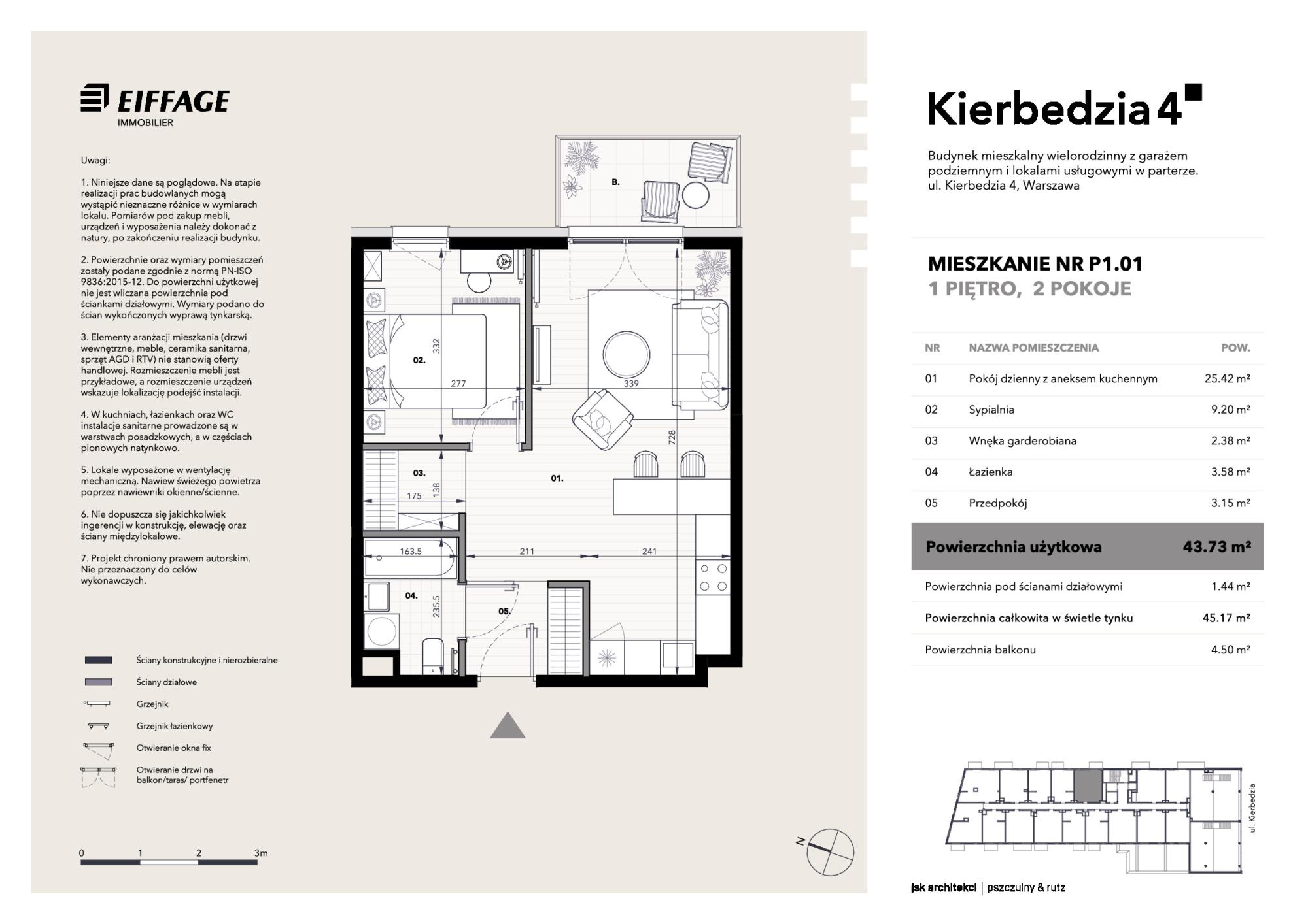 Mieszkanie 43,73 m², piętro 1, oferta nr P1.01, Kierbedzia 4, Warszawa, Mokotów, Sielce, ul. Kierbedzia 4-idx