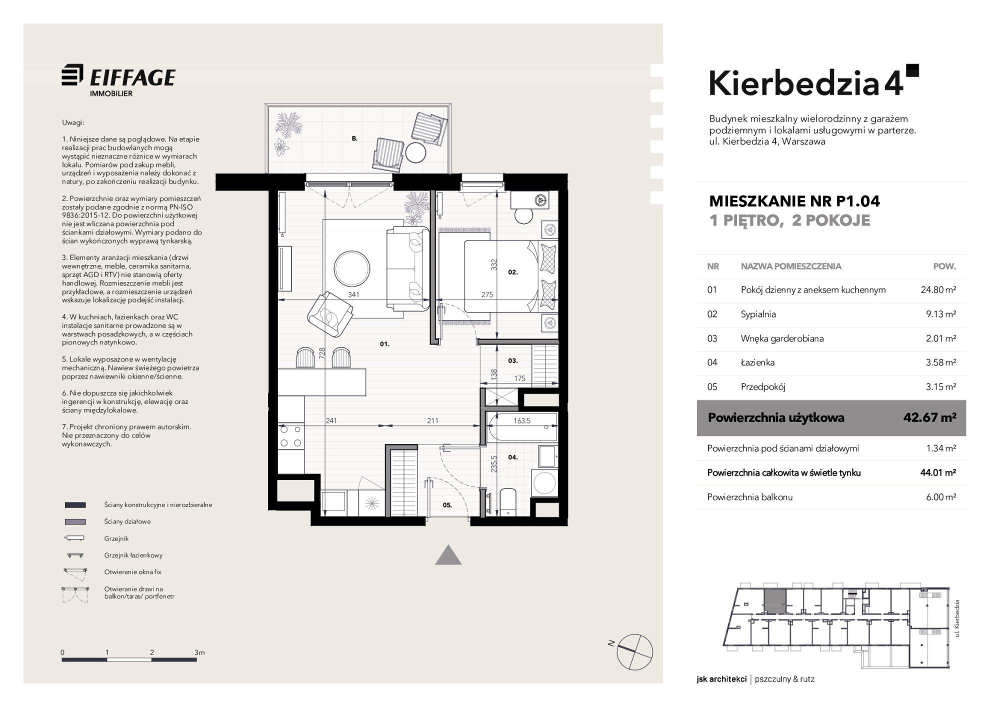 Mieszkanie 42,67 m², piętro 1, oferta nr P1.04, Kierbedzia 4, Warszawa, Mokotów, Sielce, ul. Kierbedzia 4-idx