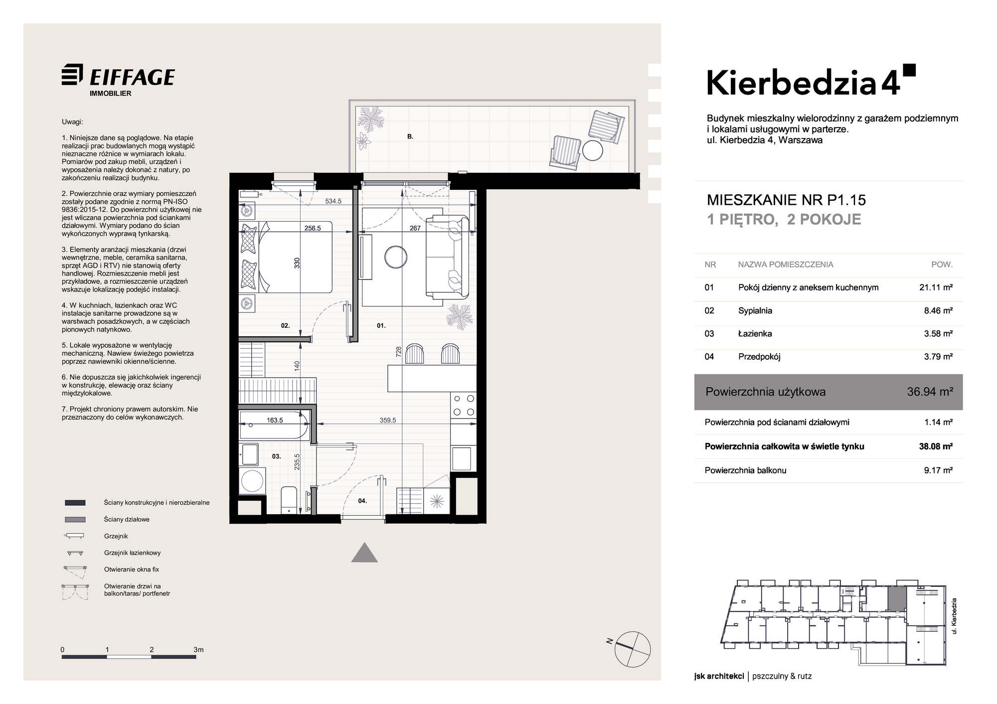 Apartament 36,94 m², piętro 1, oferta nr P1.15, Kierbedzia 4, Warszawa, Mokotów, Sielce, ul. Kierbedzia 4-idx