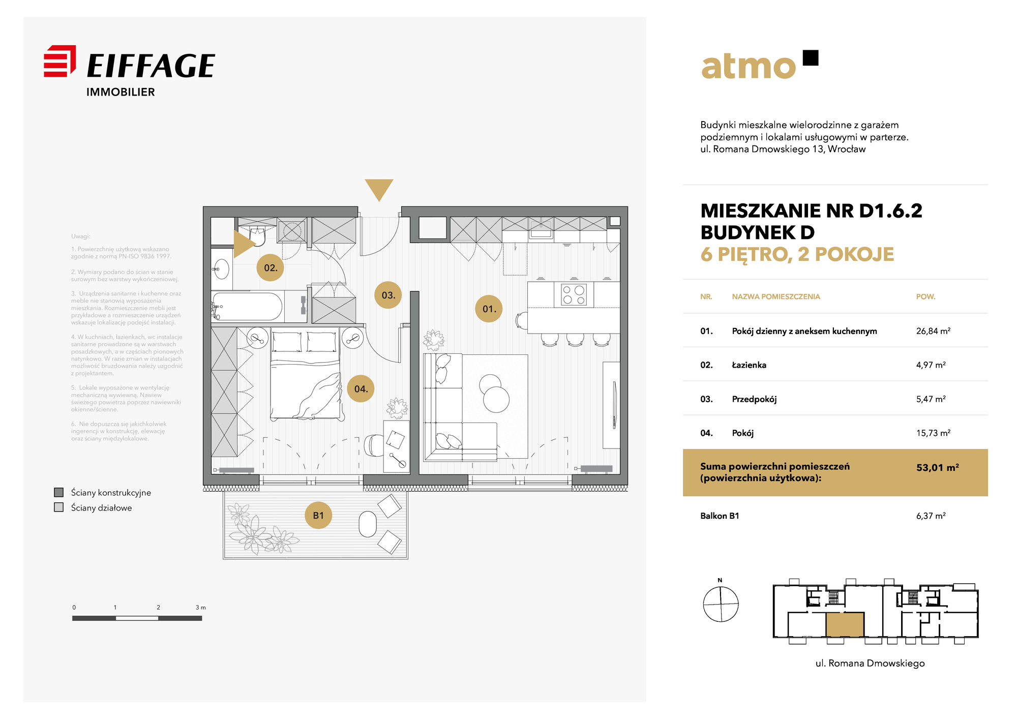 Mieszkanie 53,01 m², piętro 6, oferta nr D1.6.2, Atmo, Wrocław, Nadodrze, ul. Romana Dmowskiego 13-idx