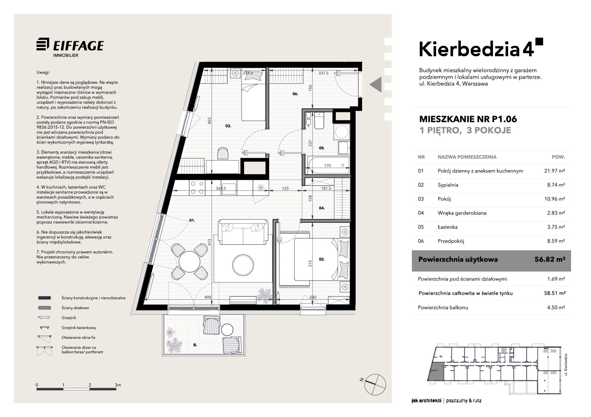 Mieszkanie 56,82 m², piętro 1, oferta nr P1.06, Kierbedzia 4, Warszawa, Mokotów, Sielce, ul. Kierbedzia 4-idx