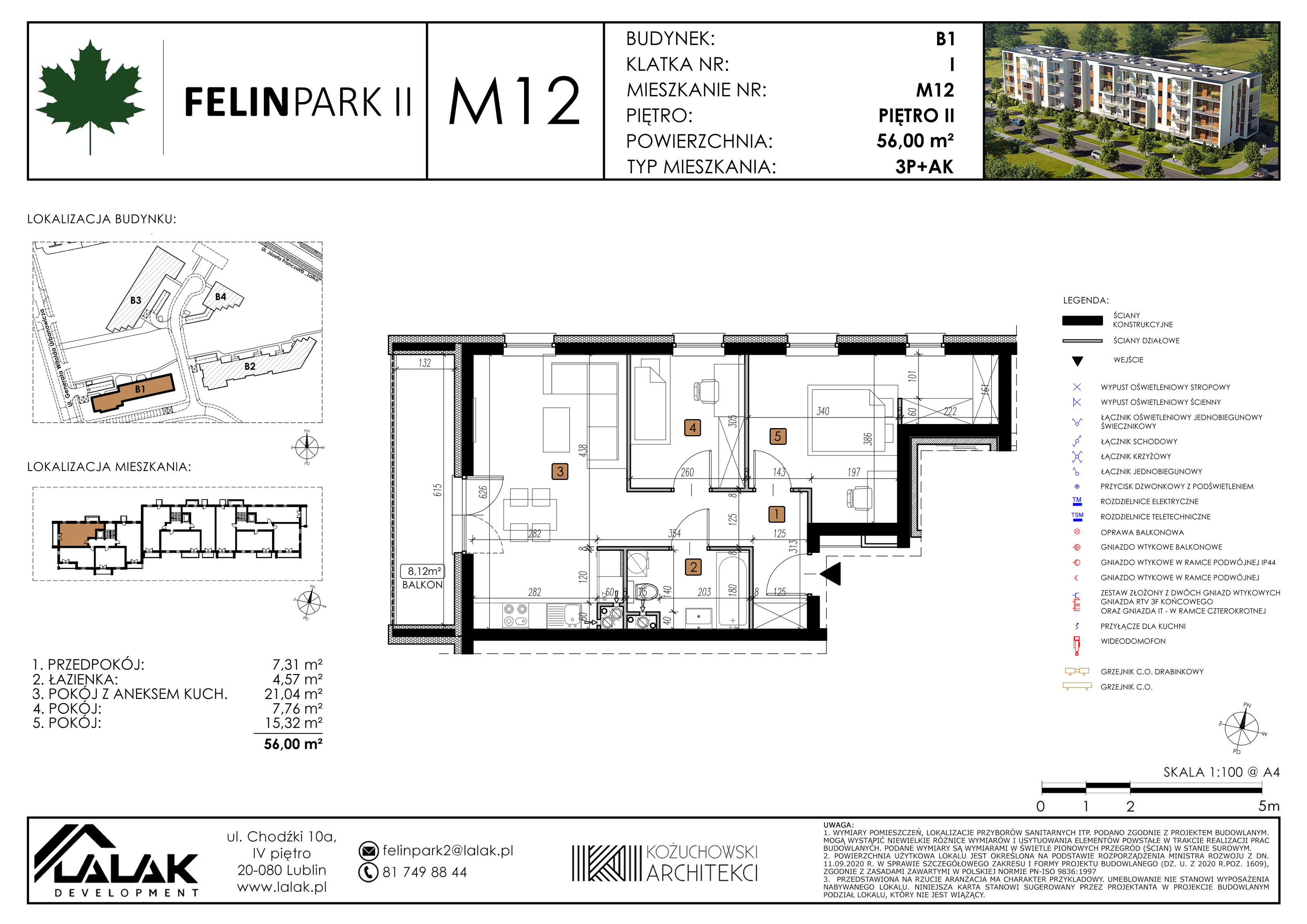 Mieszkanie 56,00 m², piętro 2, oferta nr B1_M12/I, Felin Park II, Lublin, Felin, ul. gen. Stanisława Skalskiego 8-10-idx