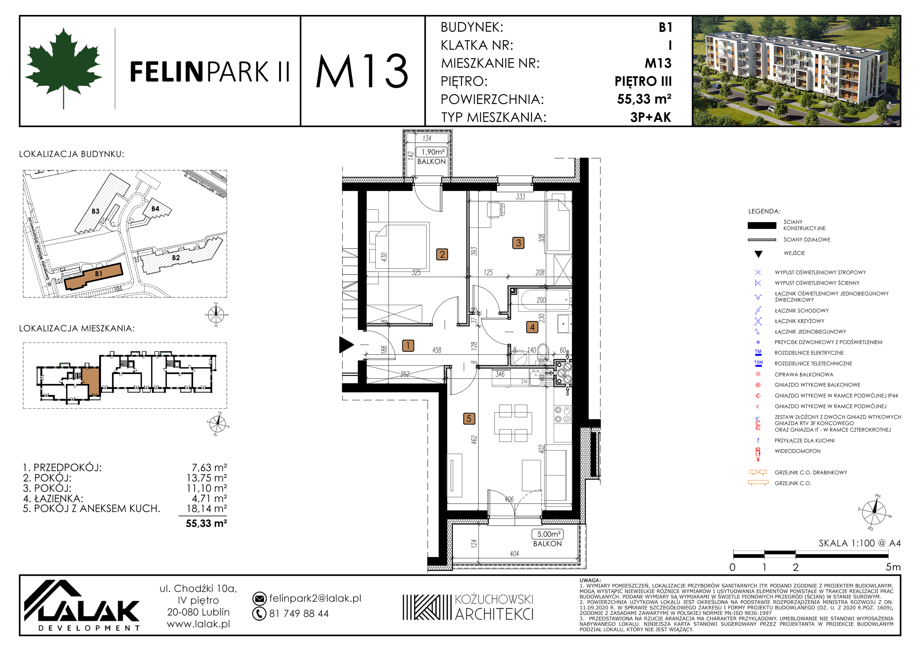 Mieszkanie 55,33 m², piętro 3, oferta nr B1_M13/I, Felin Park II, Lublin, Felin, ul. gen. Stanisława Skalskiego 8-10-idx