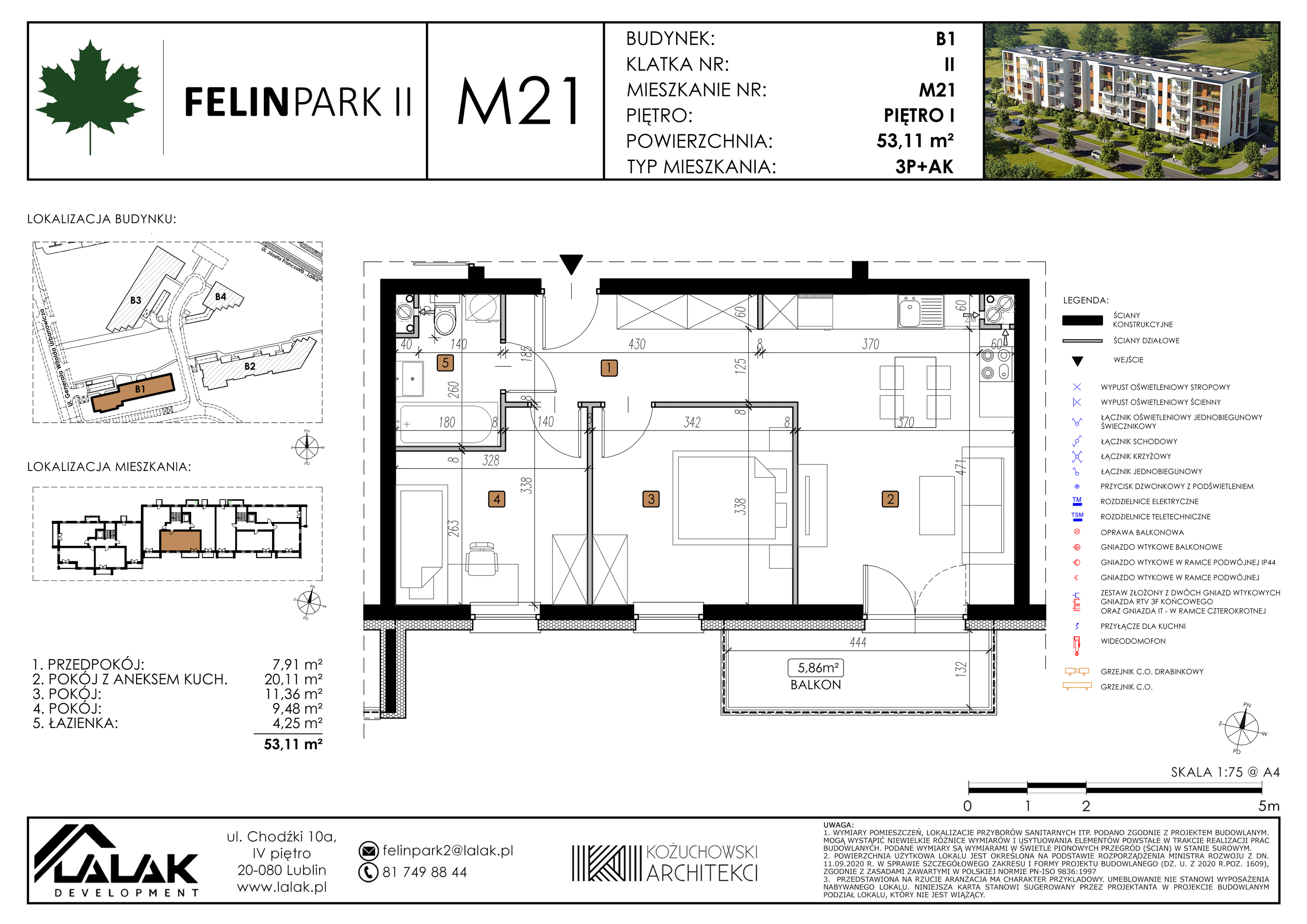 Mieszkanie 53,12 m², piętro 1, oferta nr B1_M21/I, Felin Park II, Lublin, Felin, ul. gen. Stanisława Skalskiego 8-10-idx