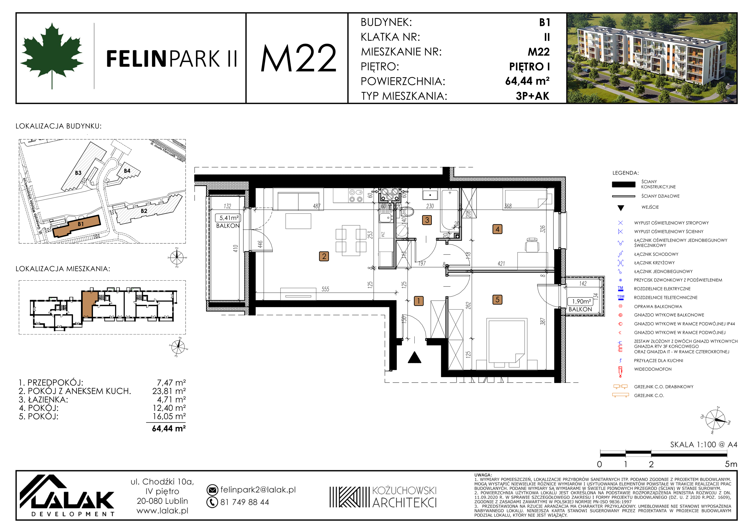 Mieszkanie 64,41 m², piętro 1, oferta nr B1_M22/I, Felin Park II, Lublin, Felin, ul. gen. Stanisława Skalskiego 8-10-idx