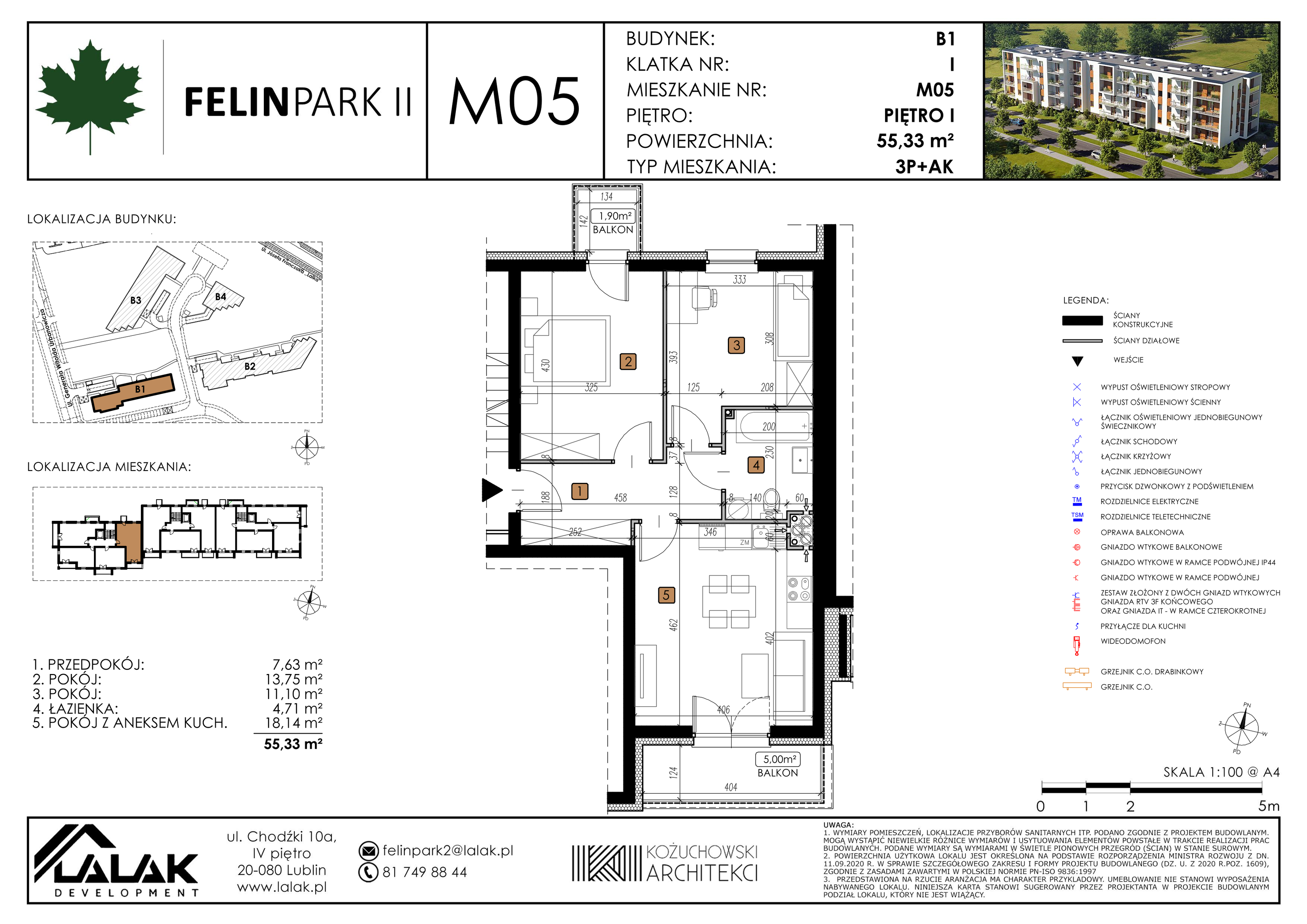 Mieszkanie 55,33 m², piętro 1, oferta nr B1_M5/I, Felin Park II, Lublin, Felin, ul. gen. Stanisława Skalskiego 8-10-idx