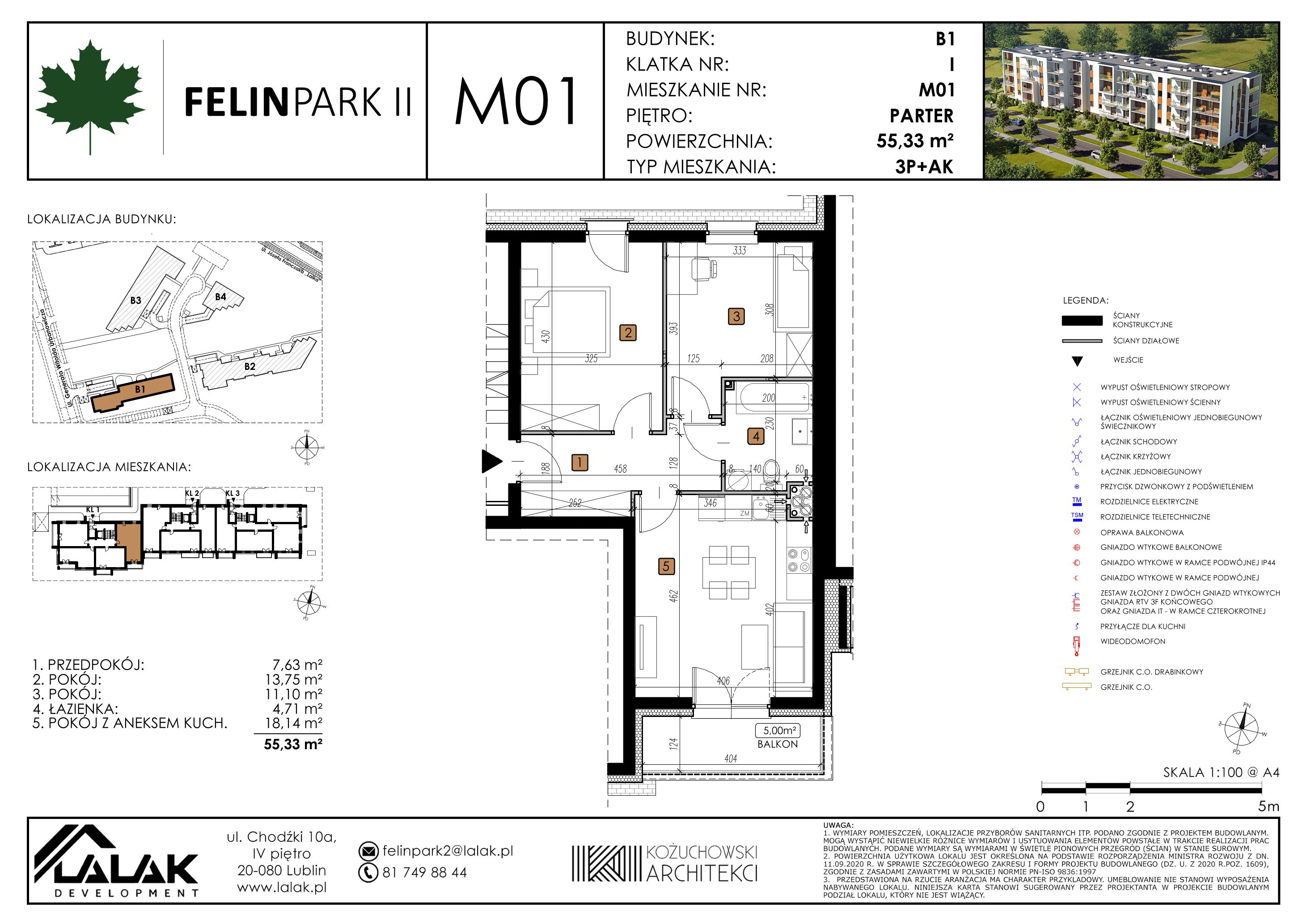 Mieszkanie 55,33 m², parter, oferta nr B1_M1/P, Felin Park II, Lublin, Felin, ul. gen. Stanisława Skalskiego 8-10-idx