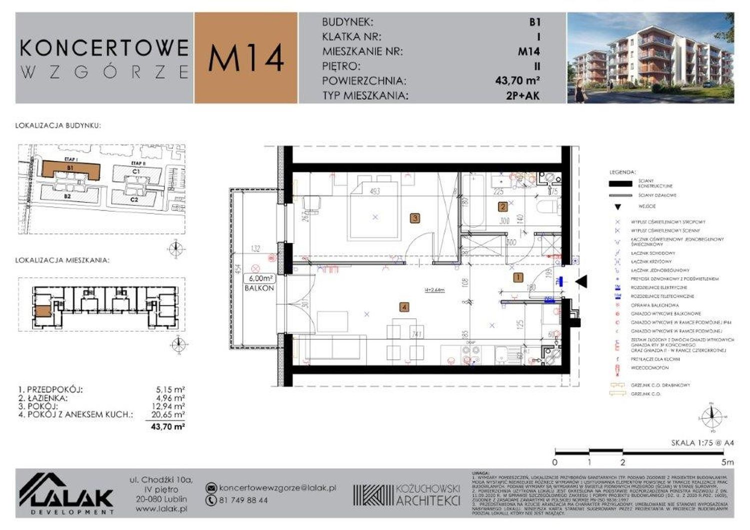 Mieszkanie 43,70 m², piętro 2, oferta nr B1-14, Koncertowe Wzgórze, Lublin, Czechów Północny, ul. Koncertowa-idx