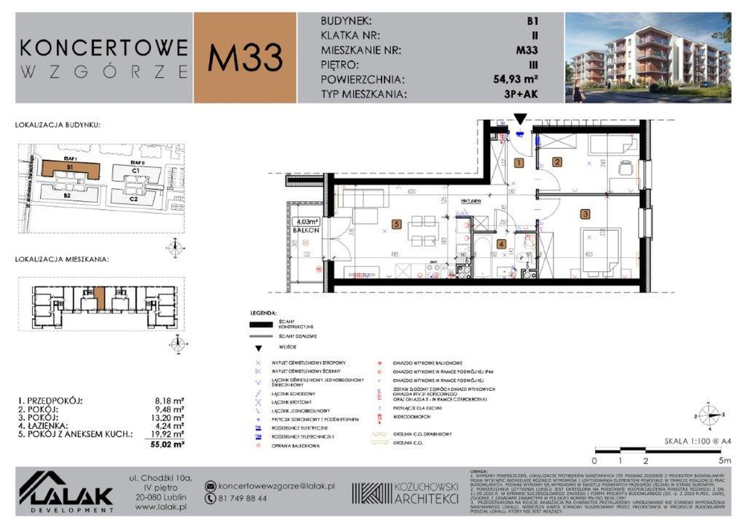 Mieszkanie 54,93 m², piętro 3, oferta nr B1-33, Koncertowe Wzgórze, Lublin, Czechów Północny, ul. Koncertowa-idx