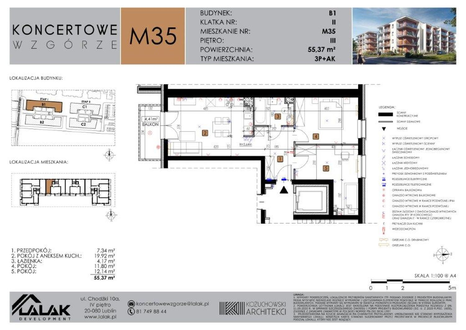 Mieszkanie 55,37 m², piętro 3, oferta nr B1-35, Koncertowe Wzgórze, Lublin, Czechów Północny, ul. Koncertowa-idx