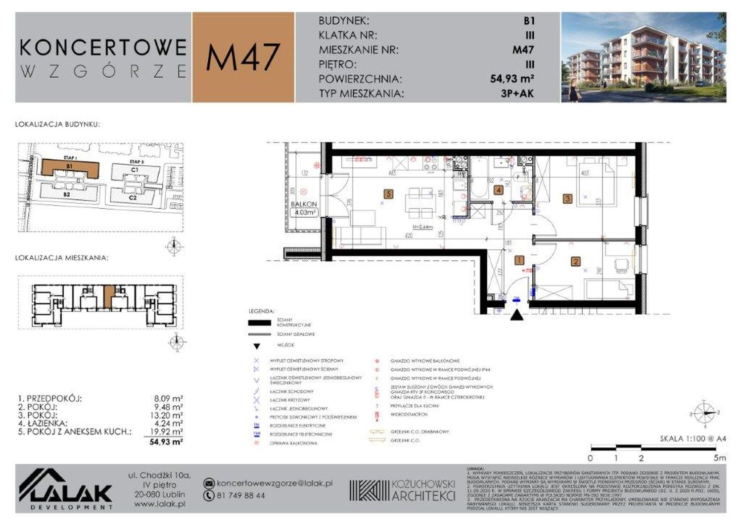 Mieszkanie 54,93 m², piętro 3, oferta nr B1-47, Koncertowe Wzgórze, Lublin, Czechów Północny, ul. Koncertowa-idx