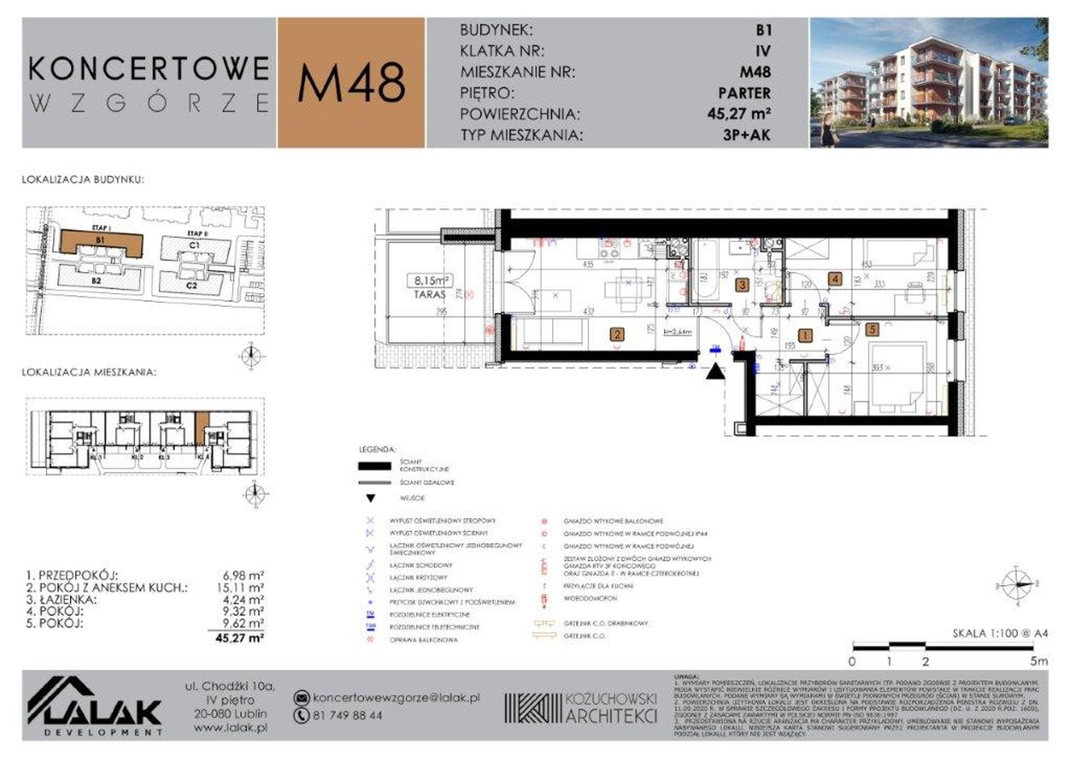 Mieszkanie 45,27 m², parter, oferta nr B1-48, Koncertowe Wzgórze, Lublin, Czechów Północny, ul. Koncertowa-idx