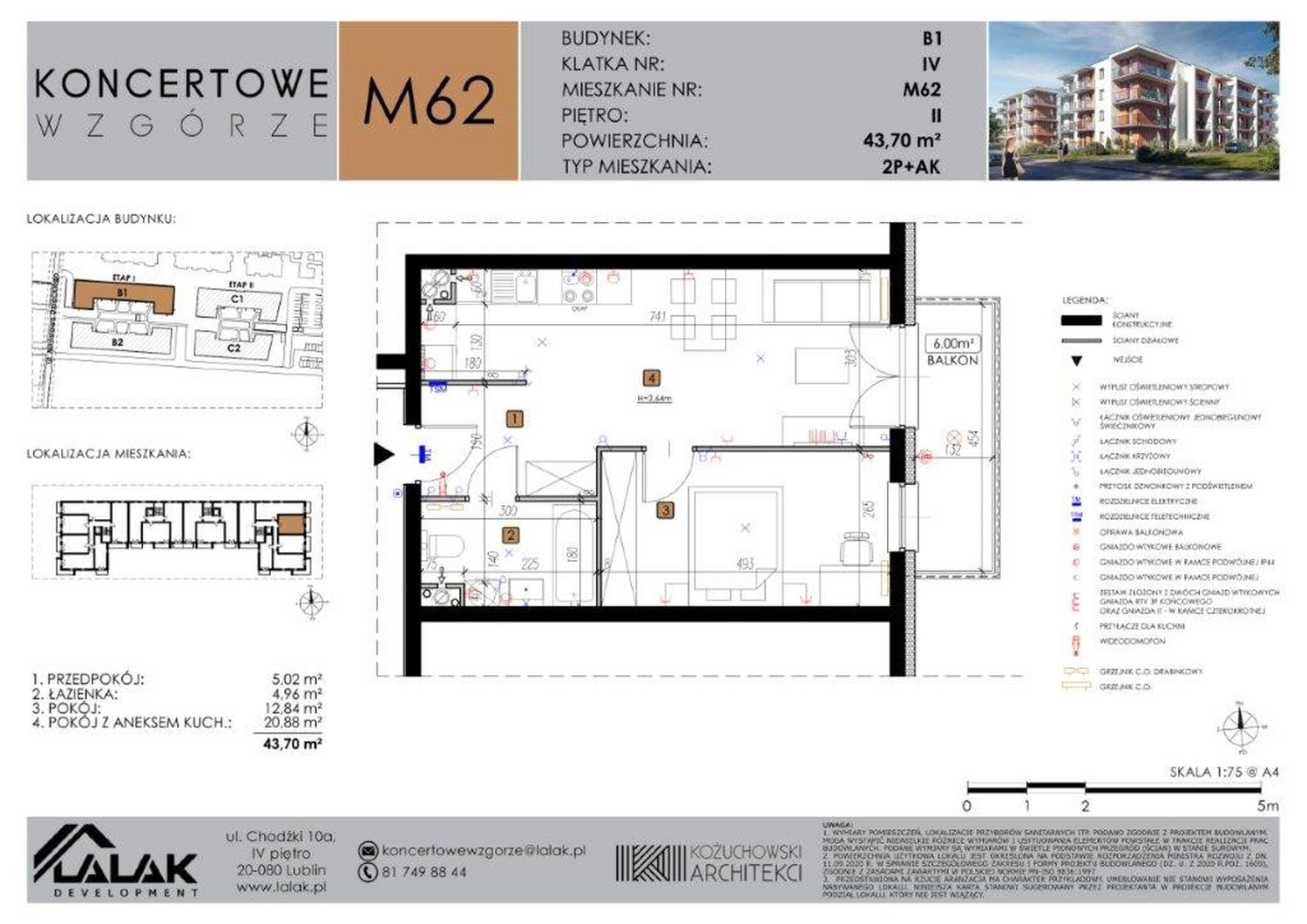 Mieszkanie 43,70 m², piętro 2, oferta nr B1-62, Koncertowe Wzgórze, Lublin, Czechów Północny, ul. Koncertowa-idx