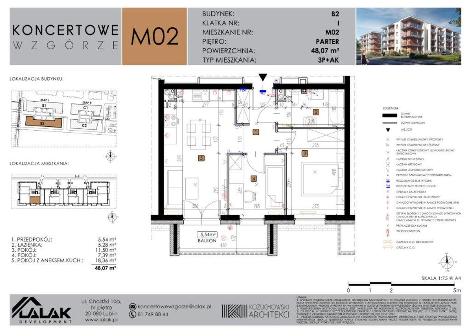 Mieszkanie 48,07 m², parter, oferta nr B2-2, Koncertowe Wzgórze, Lublin, Czechów Północny, ul. Koncertowa-idx