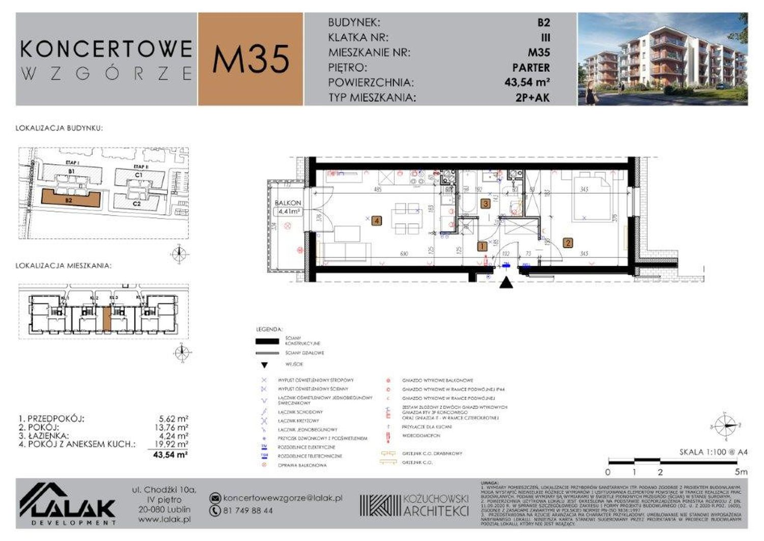 Mieszkanie 43,54 m², parter, oferta nr B2-35, Koncertowe Wzgórze, Lublin, Czechów Północny, ul. Koncertowa-idx