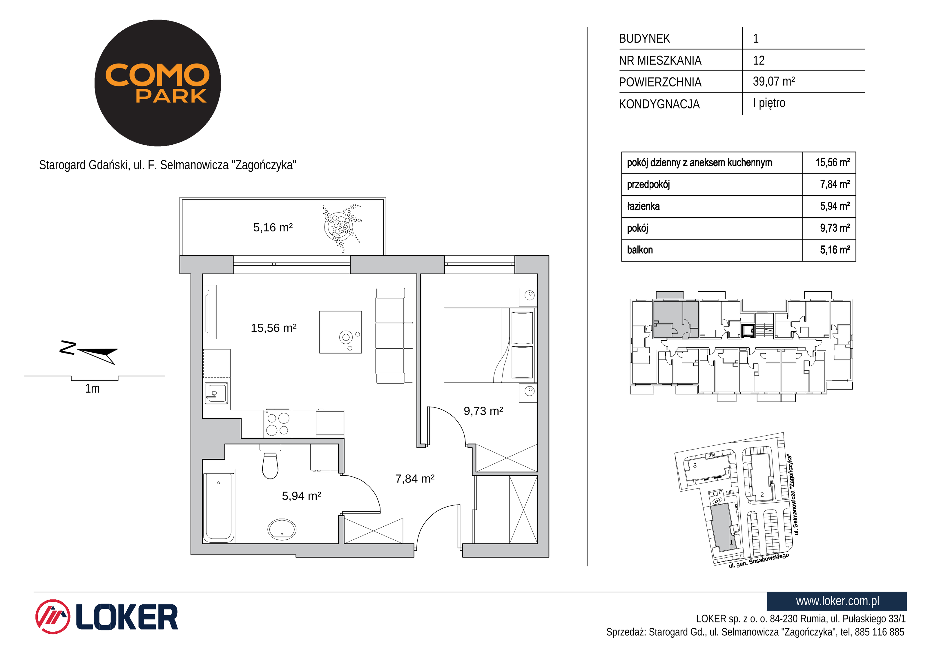 Mieszkanie 39,07 m², piętro 1, oferta nr 1.12, Como Park, Starogard Gdański, ul. Selmanowicza „Zagończyka”-idx