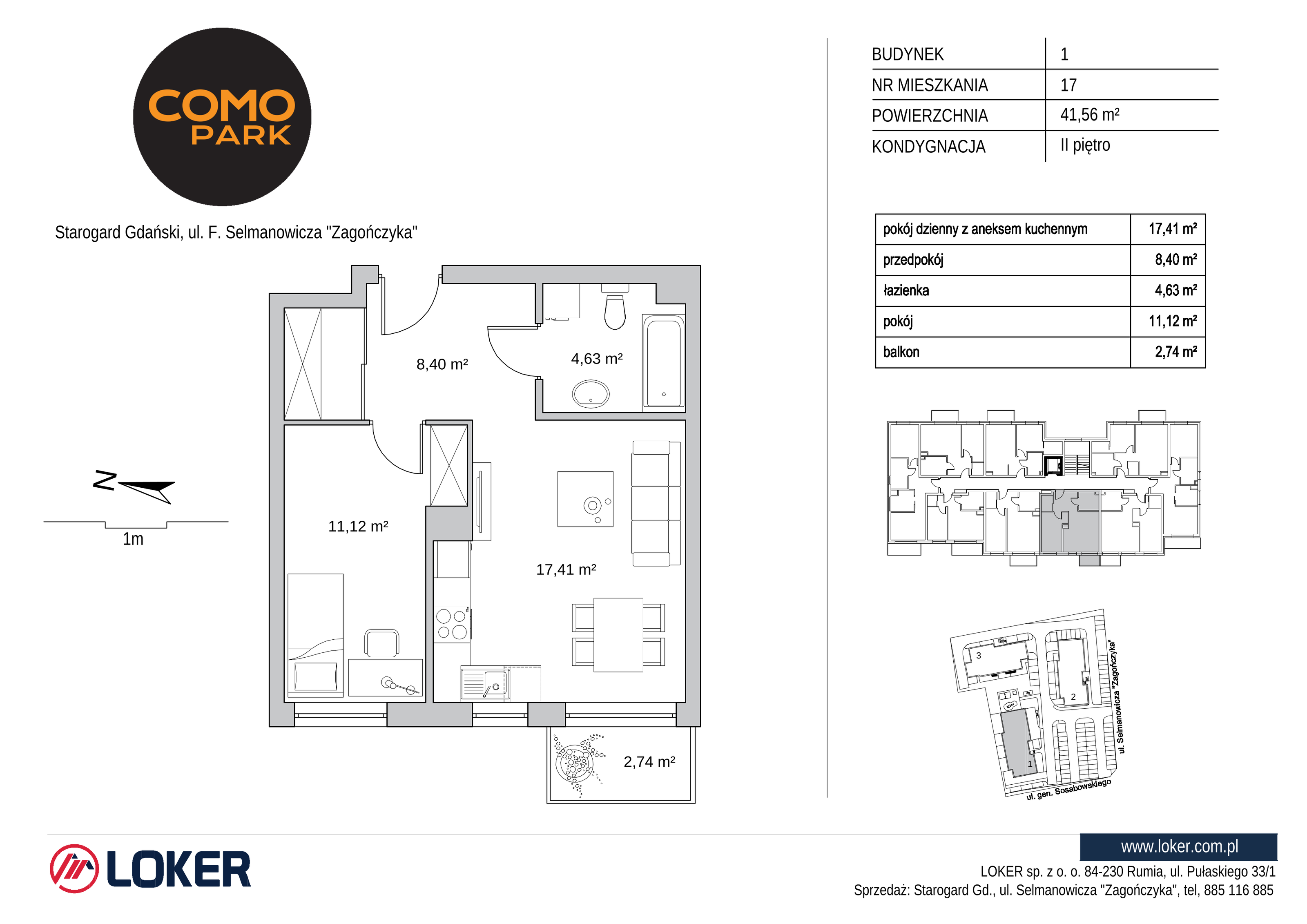 Mieszkanie 41,56 m², piętro 2, oferta nr 1.17, Como Park, Starogard Gdański, ul. Selmanowicza „Zagończyka”-idx