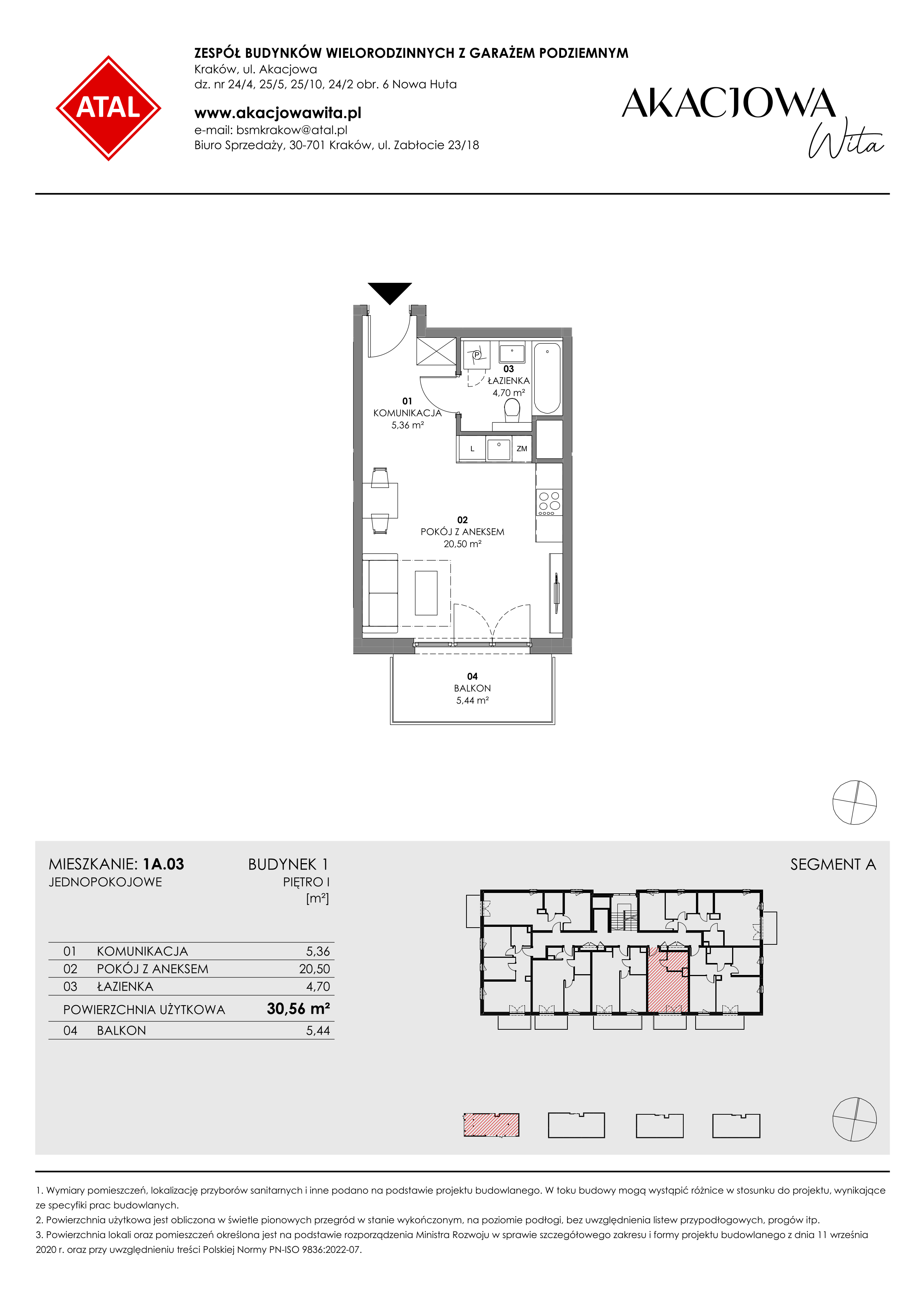 Mieszkanie 30,56 m², piętro 1, oferta nr 1A.03, Akacjowa Wita, Kraków, Prądnik Czerwony, Rakowice, ul. Akacjowa-idx