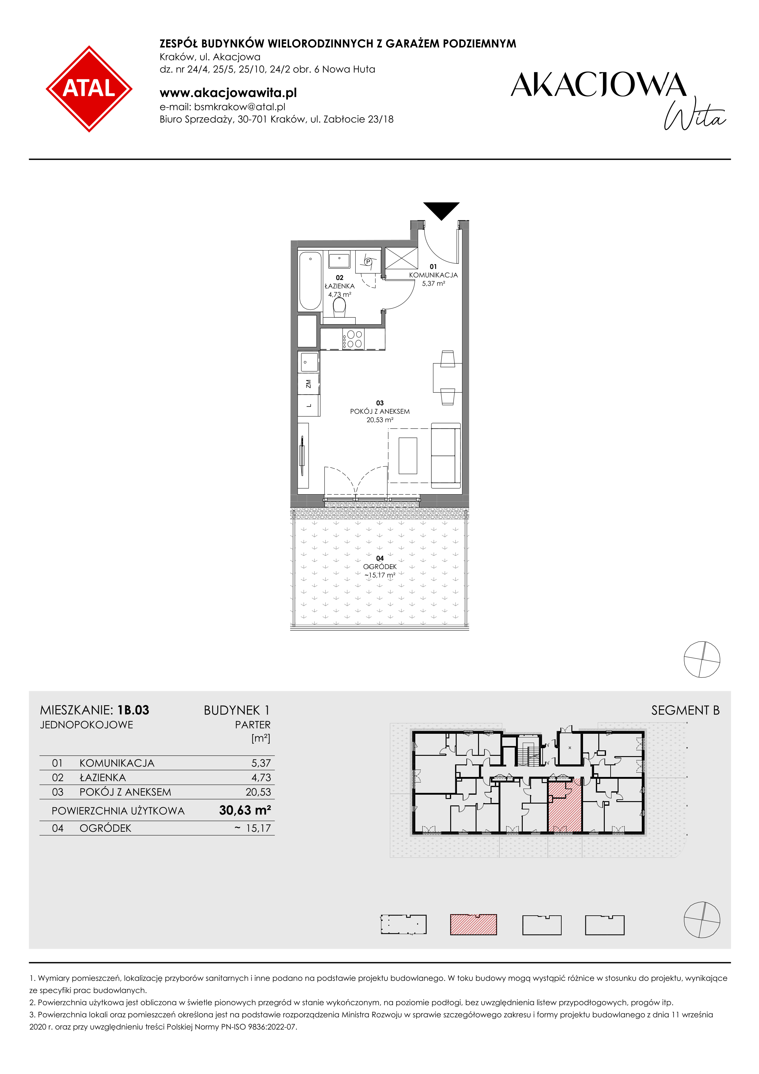 Mieszkanie 30,63 m², parter, oferta nr 1B.03, Akacjowa Wita, Kraków, Prądnik Czerwony, Rakowice, ul. Akacjowa-idx