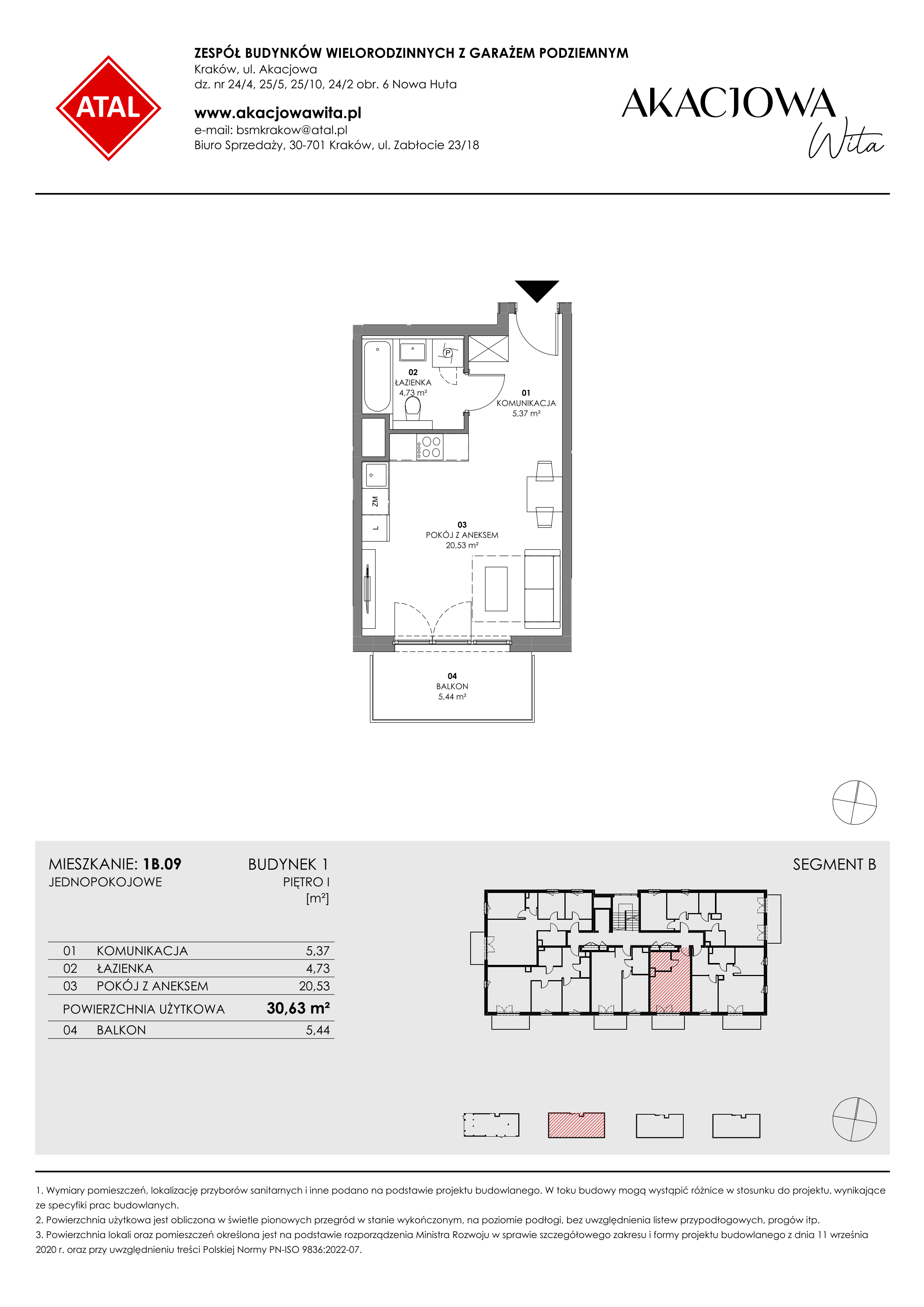 Mieszkanie 30,63 m², piętro 1, oferta nr 1B.09, Akacjowa Wita, Kraków, Prądnik Czerwony, Rakowice, ul. Akacjowa-idx