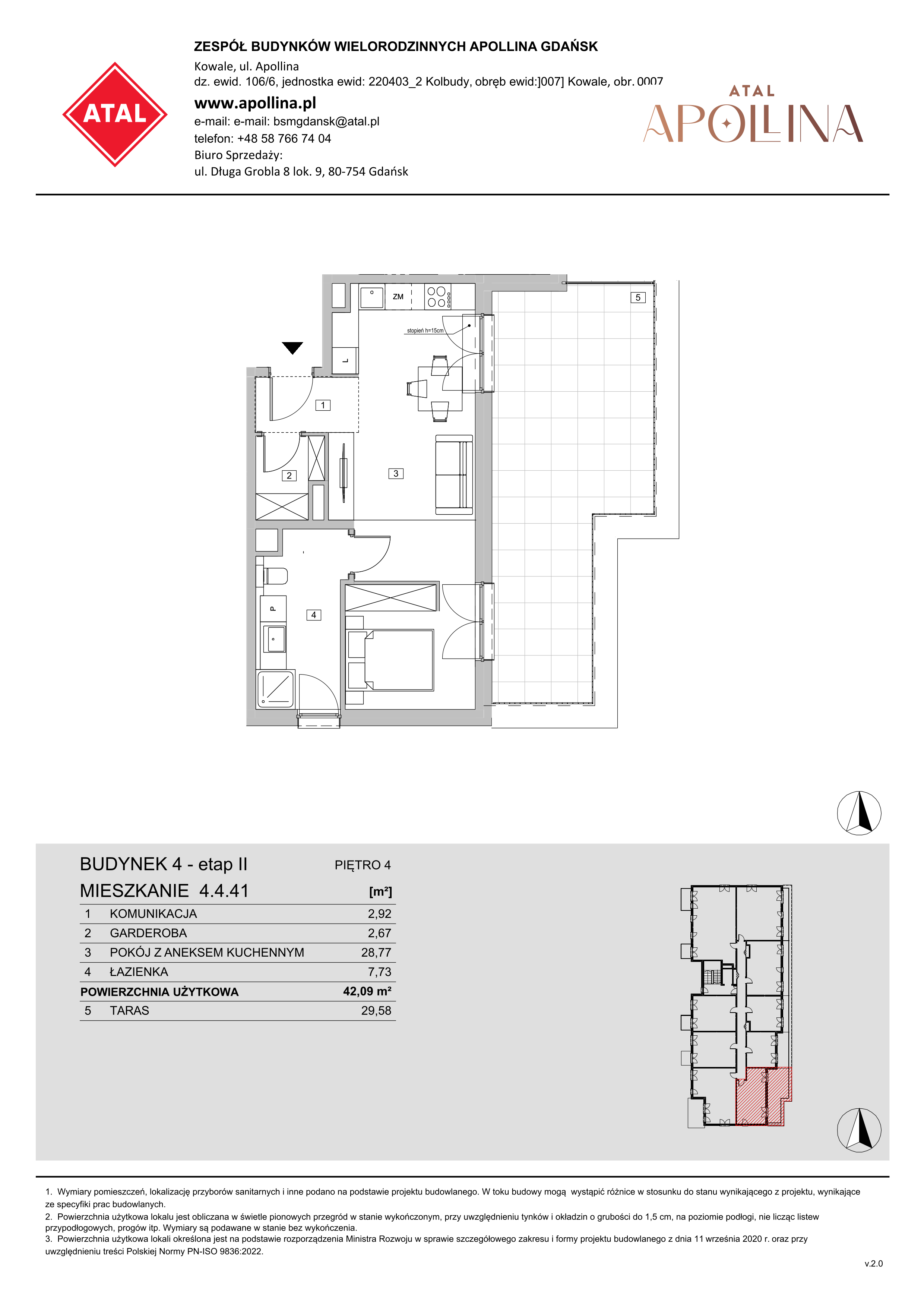 Mieszkanie 42,09 m², piętro 4, oferta nr 4.4.41, ATAL Apollina II, Kowale, ul. Apollina-idx