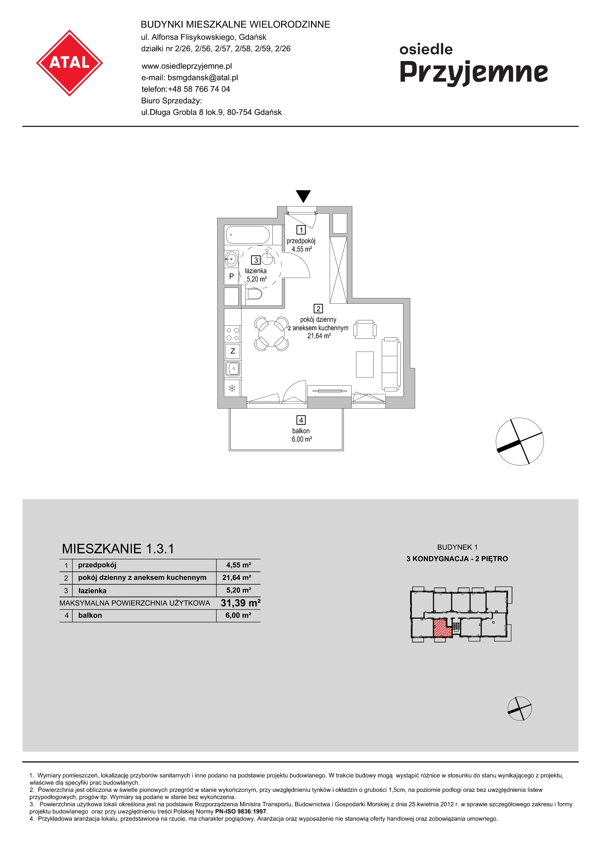 Mieszkanie 31,39 m², piętro 2, oferta nr 1.3.1, Osiedle Przyjemne - etap I, Gdańsk, Jasień, ul. Flisykowskiego-idx