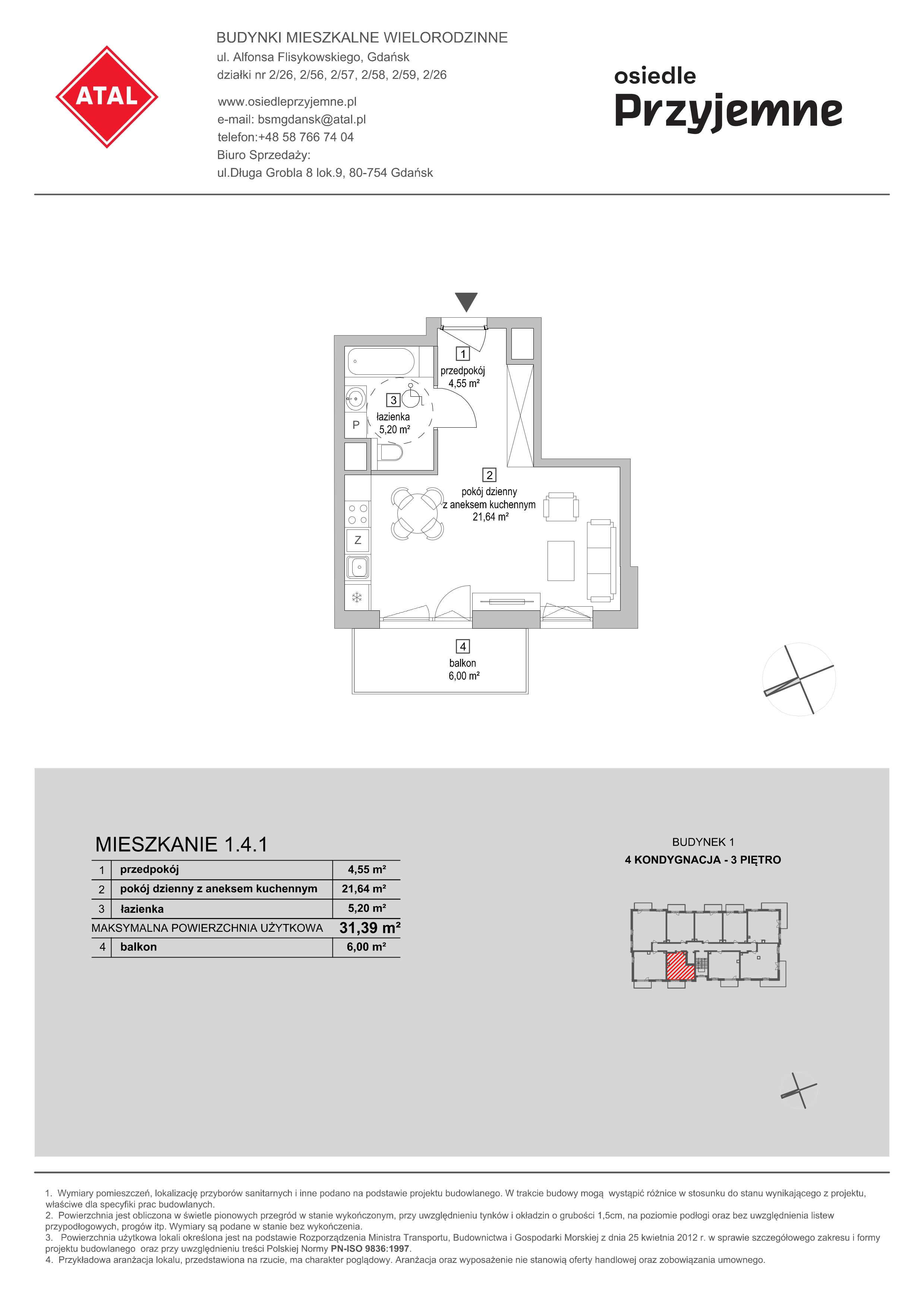 Mieszkanie 31,39 m², piętro 3, oferta nr 1.4.1, Osiedle Przyjemne - etap I, Gdańsk, Jasień, ul. Flisykowskiego-idx