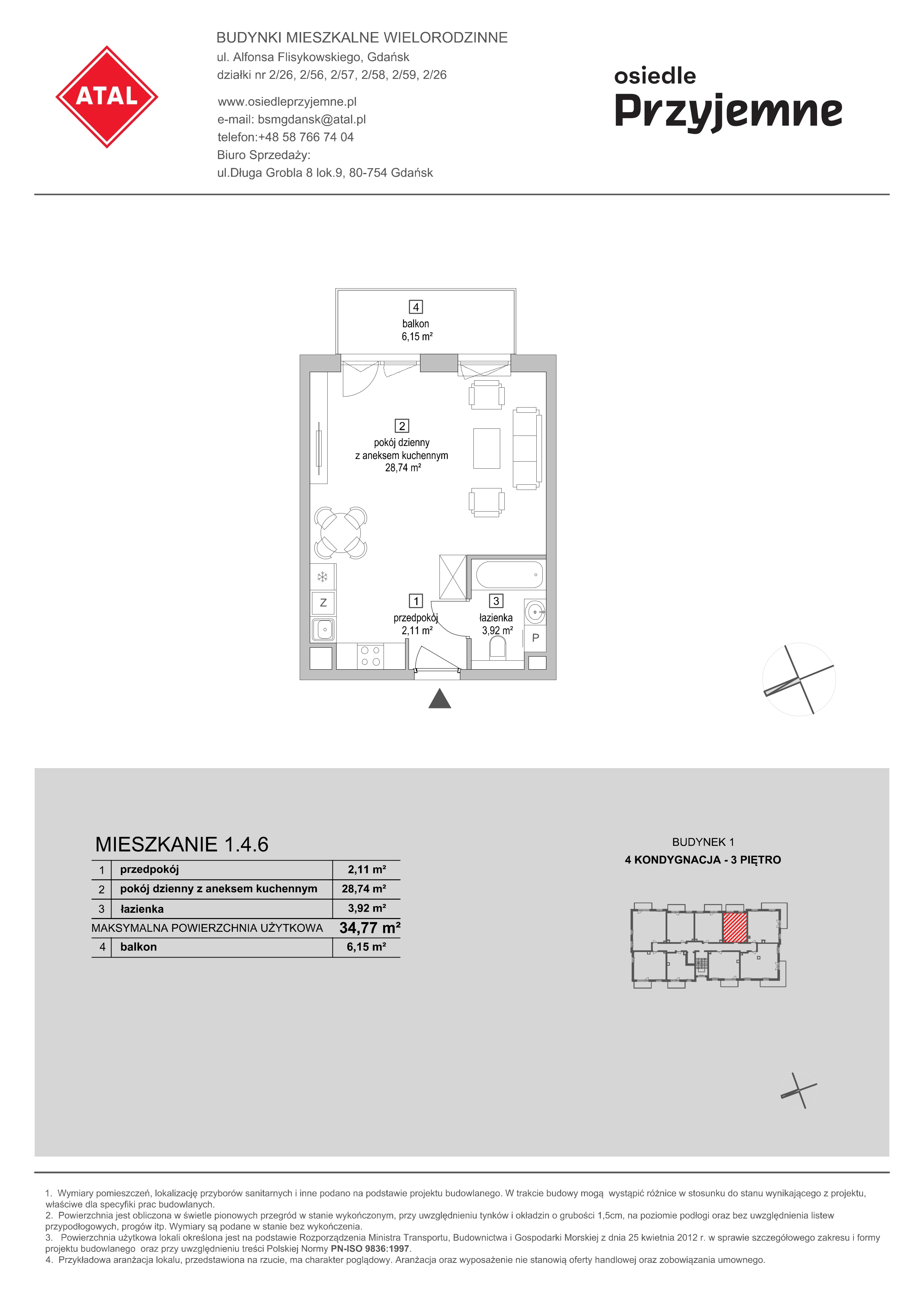 Mieszkanie 34,77 m², piętro 3, oferta nr 1.4.6, Osiedle Przyjemne - etap I, Gdańsk, Jasień, ul. Flisykowskiego-idx