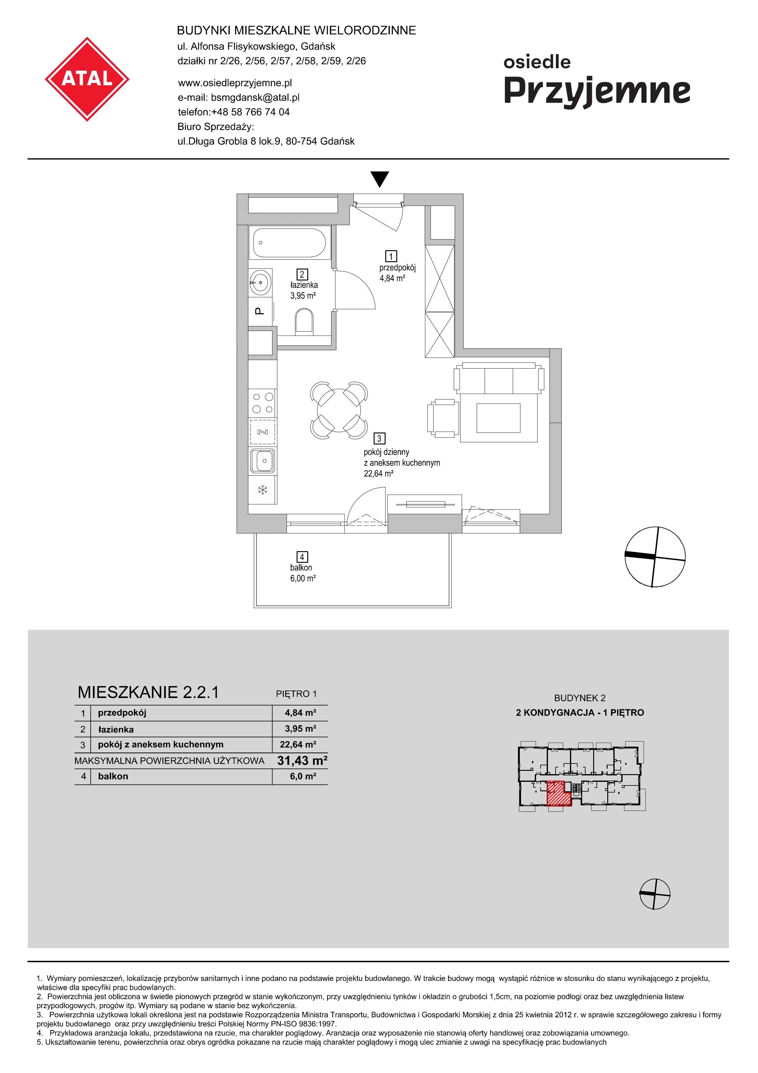 Mieszkanie 31,43 m², piętro 1, oferta nr 2.2.1, Osiedle Przyjemne - etap I, Gdańsk, Jasień, ul. Flisykowskiego-idx