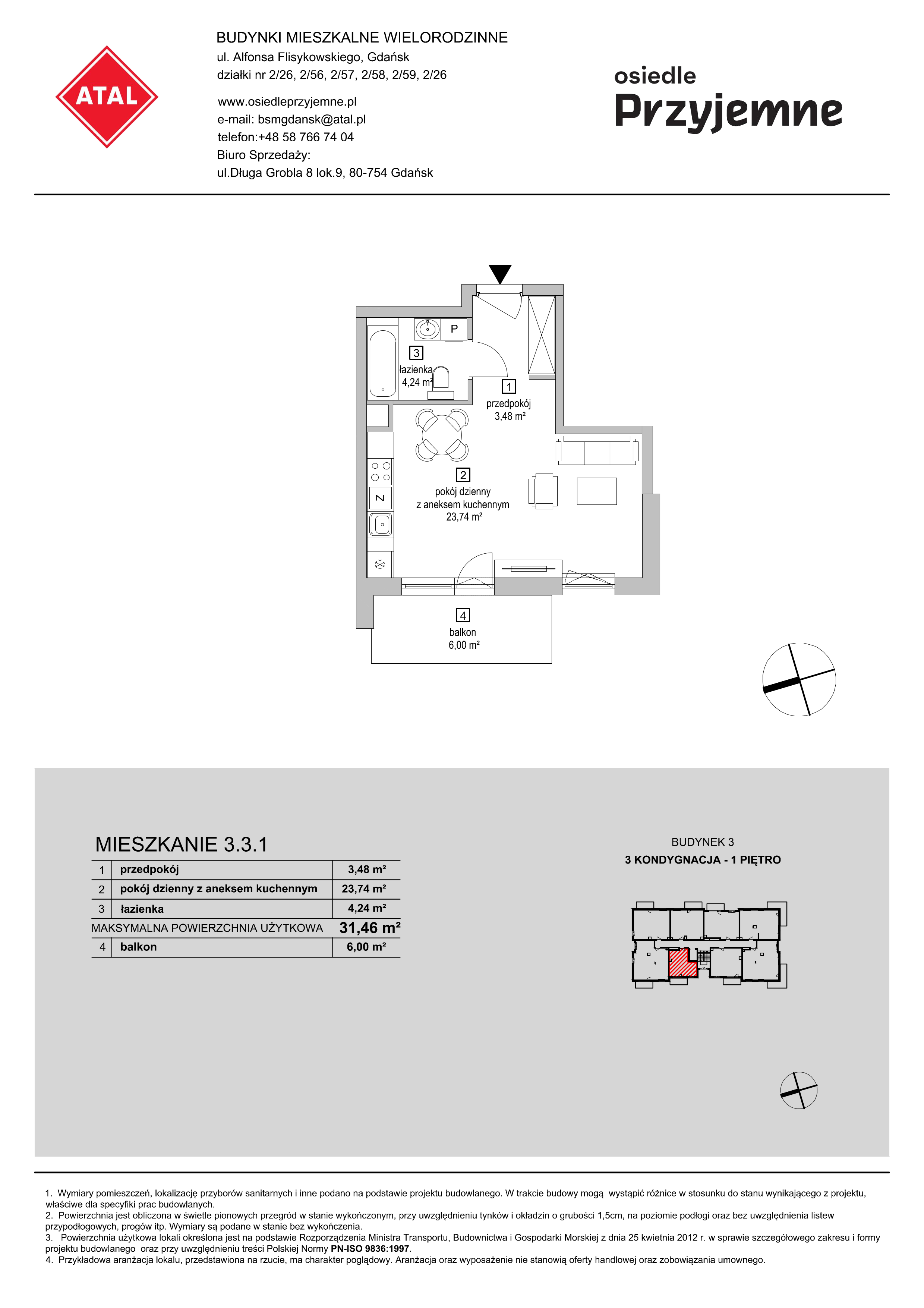 Mieszkanie 31,46 m², piętro 1, oferta nr 3.3.1, Osiedle Przyjemne - etap II, Gdańsk, Jasień, ul. Flisykowskiego-idx