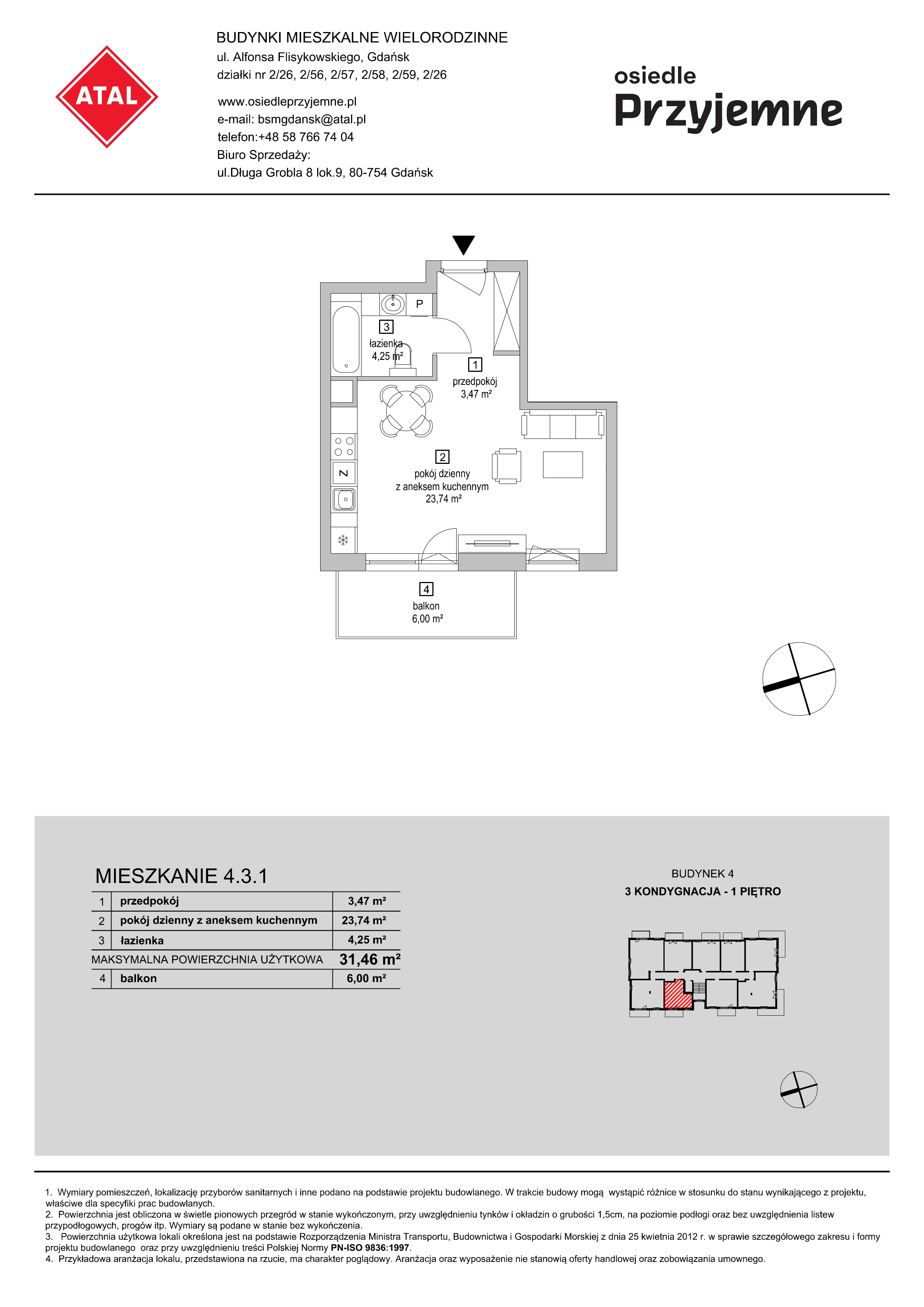 Mieszkanie 31,46 m², piętro 1, oferta nr 4.3.1, Osiedle Przyjemne - etap II, Gdańsk, Jasień, ul. Flisykowskiego-idx