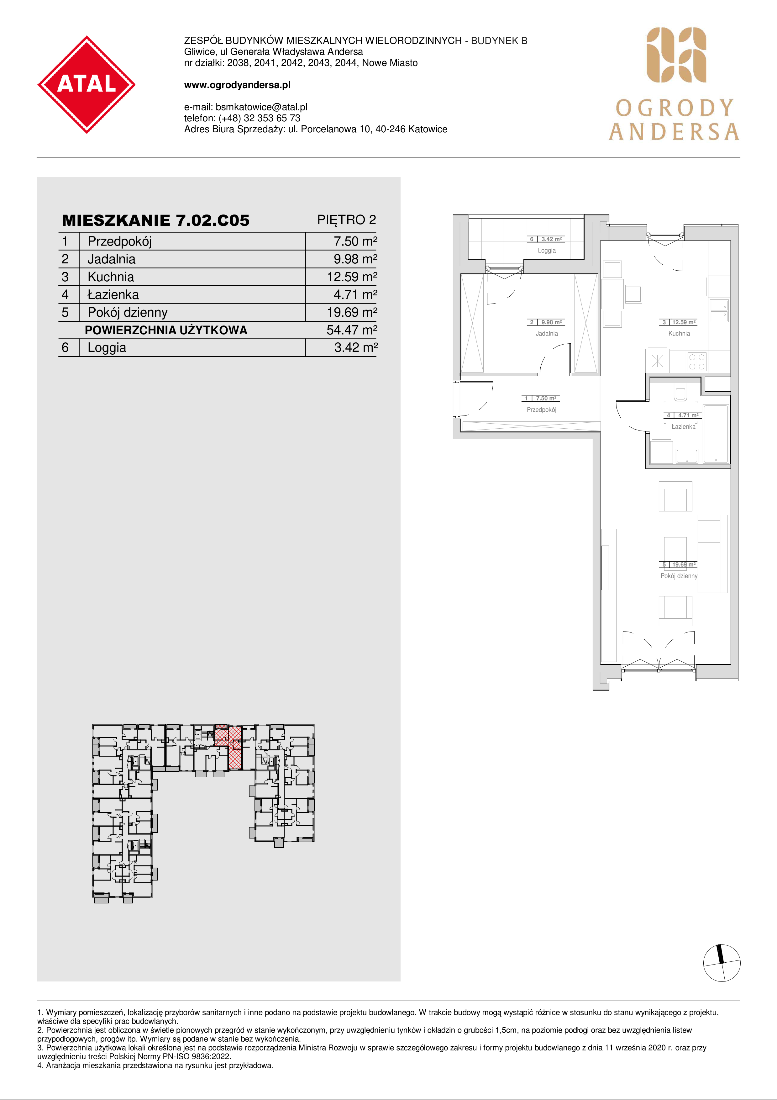 Mieszkanie 54,48 m², piętro 2, oferta nr 7.02.C05, Ogrody Andersa II, Gliwice, Wojska Polskiego, ul. Generała Władysława Andersa-idx