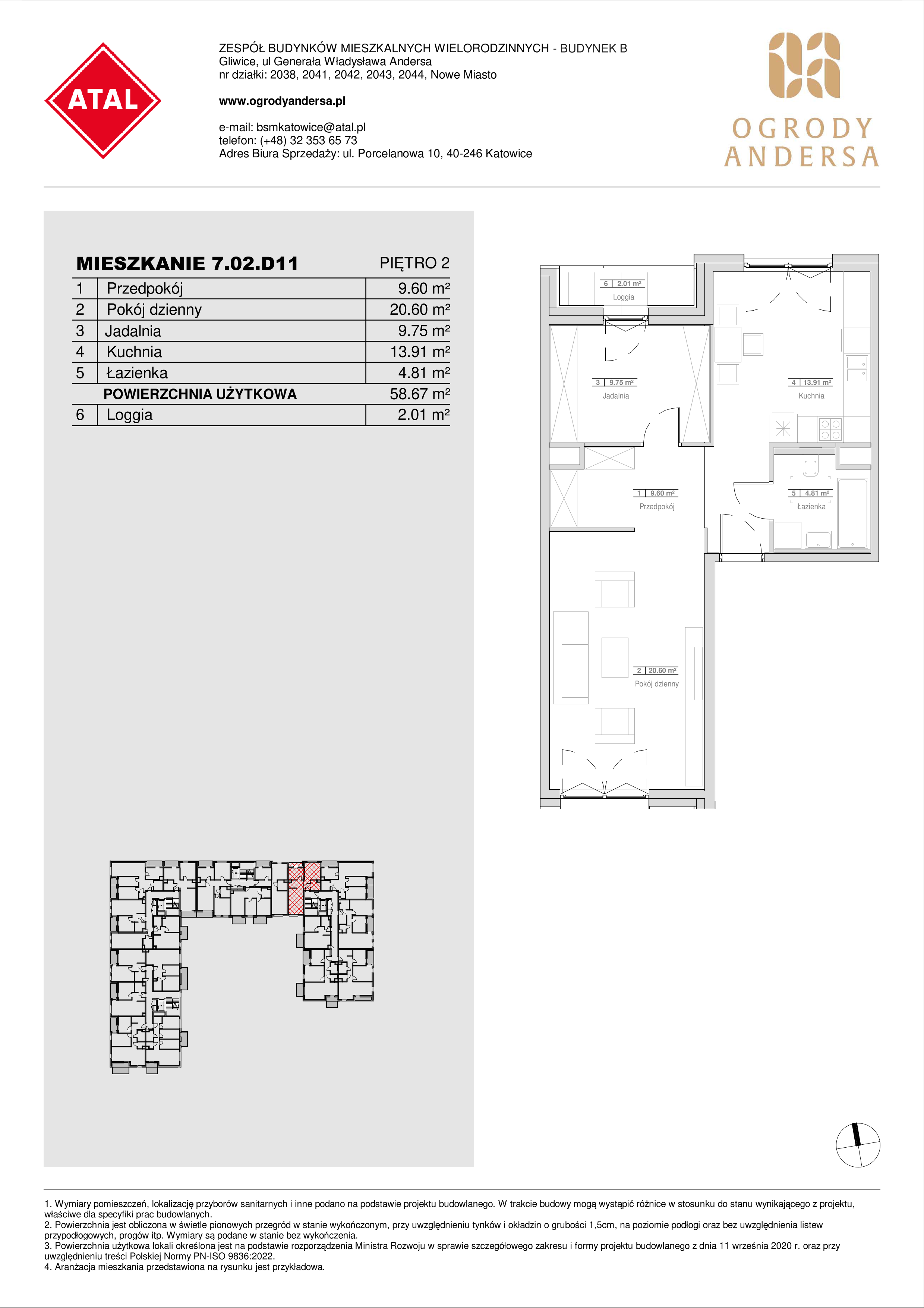 Mieszkanie 58,67 m², piętro 2, oferta nr 7.02.D11, Ogrody Andersa II, Gliwice, Wojska Polskiego, ul. Generała Władysława Andersa-idx