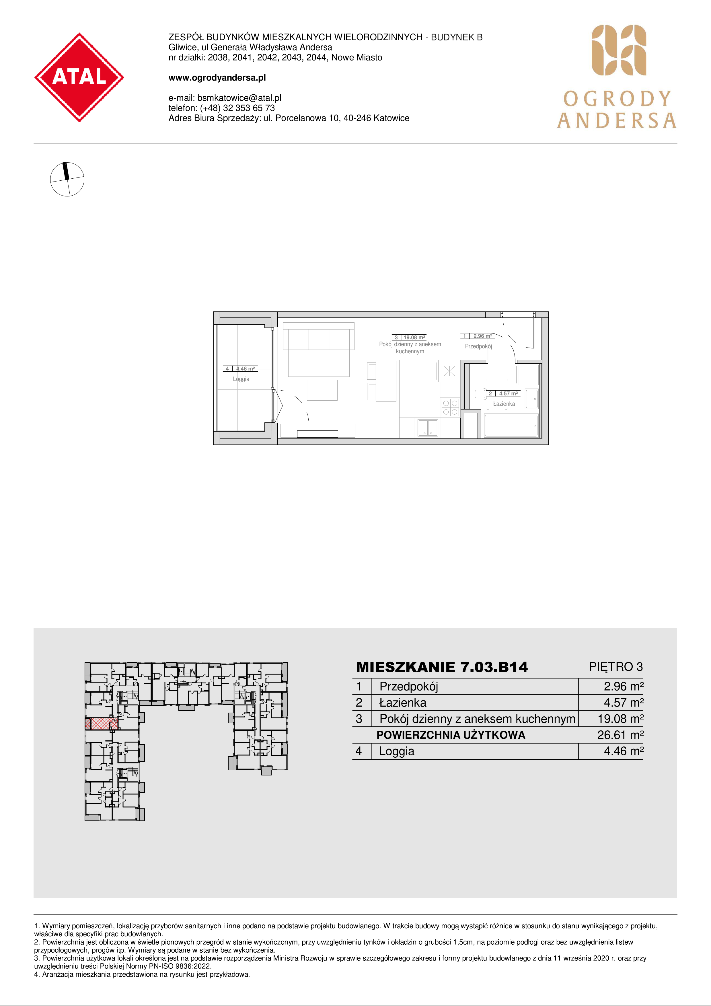 Mieszkanie 26,61 m², piętro 3, oferta nr 7.03.B14, Ogrody Andersa II, Gliwice, Wojska Polskiego, ul. Generała Władysława Andersa-idx