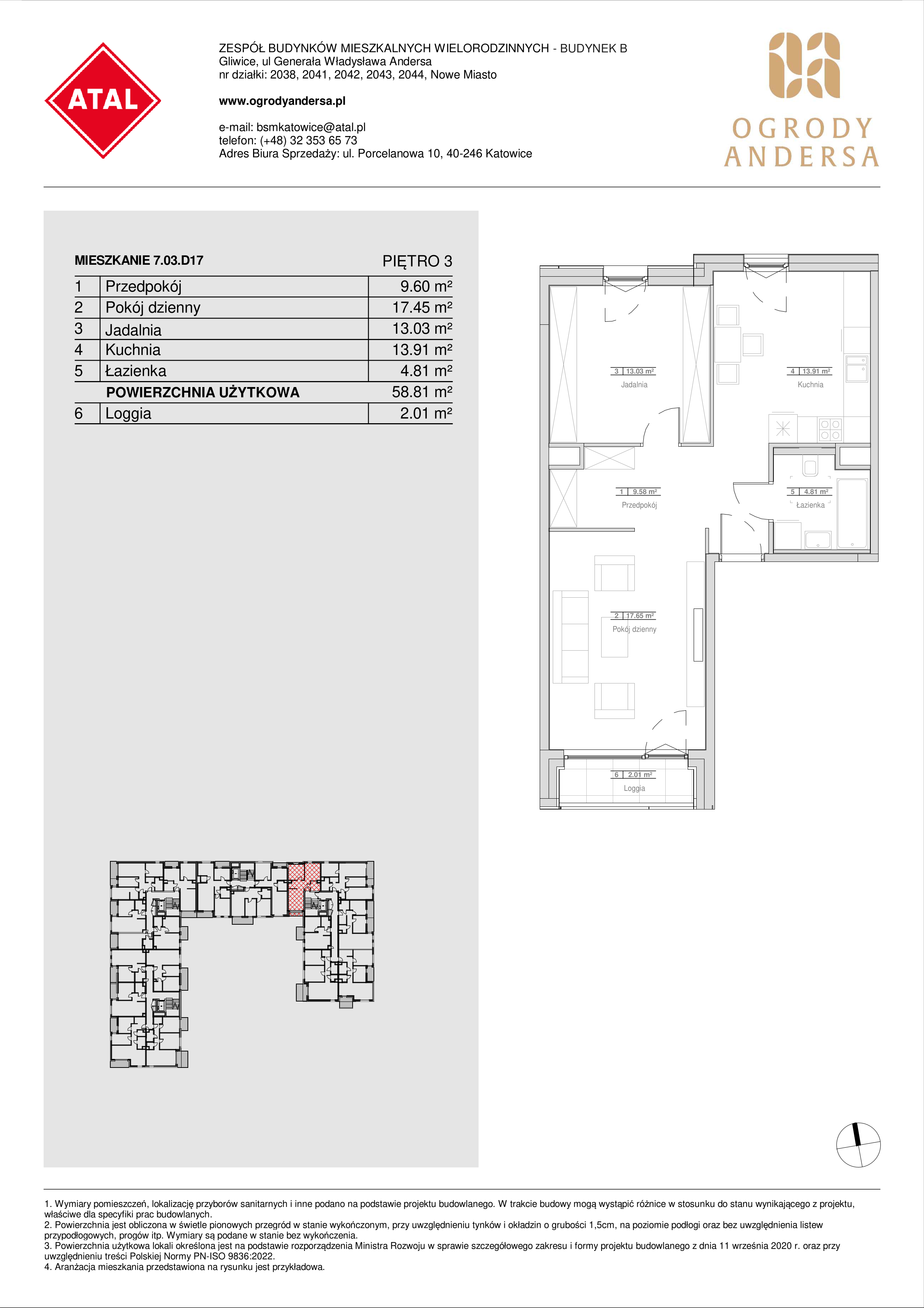 Mieszkanie 58,98 m², piętro 3, oferta nr 7.03.D17, Ogrody Andersa II, Gliwice, Wojska Polskiego, ul. Generała Władysława Andersa-idx