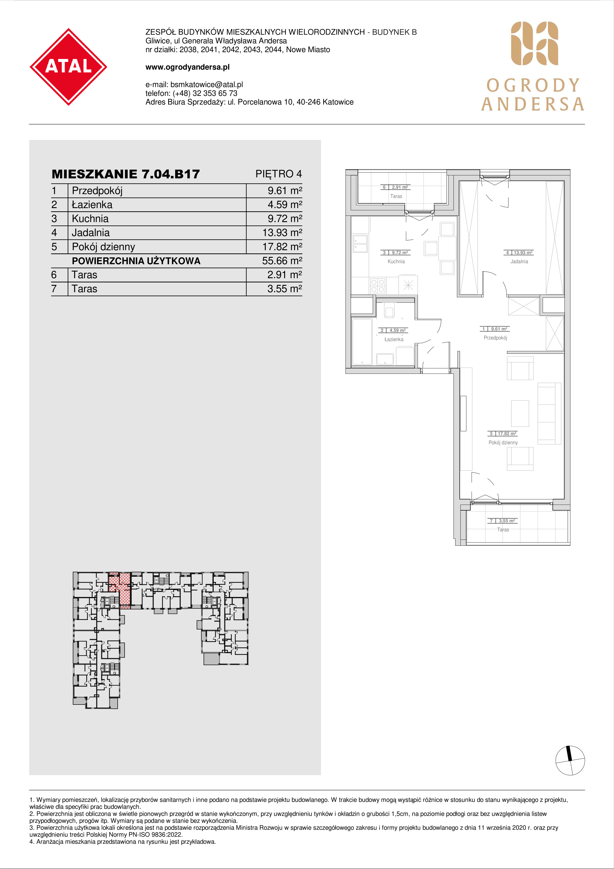 Mieszkanie 55,67 m², piętro 4, oferta nr 7.04.B17, Ogrody Andersa II, Gliwice, Wojska Polskiego, ul. Generała Władysława Andersa-idx