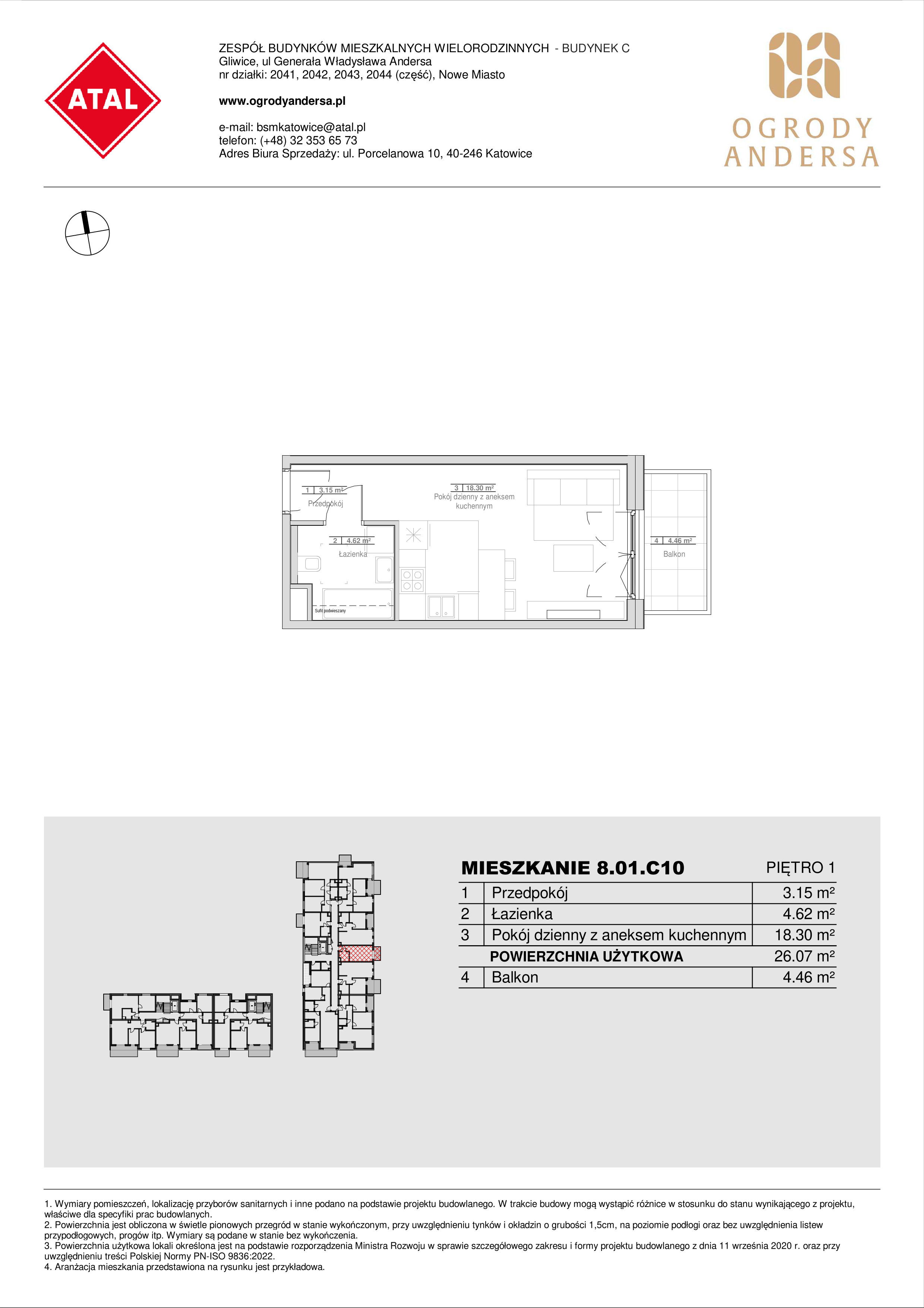 Mieszkanie 26,07 m², piętro 1, oferta nr 8.01.C10, Ogrody Andersa II, Gliwice, Wojska Polskiego, ul. Generała Władysława Andersa-idx