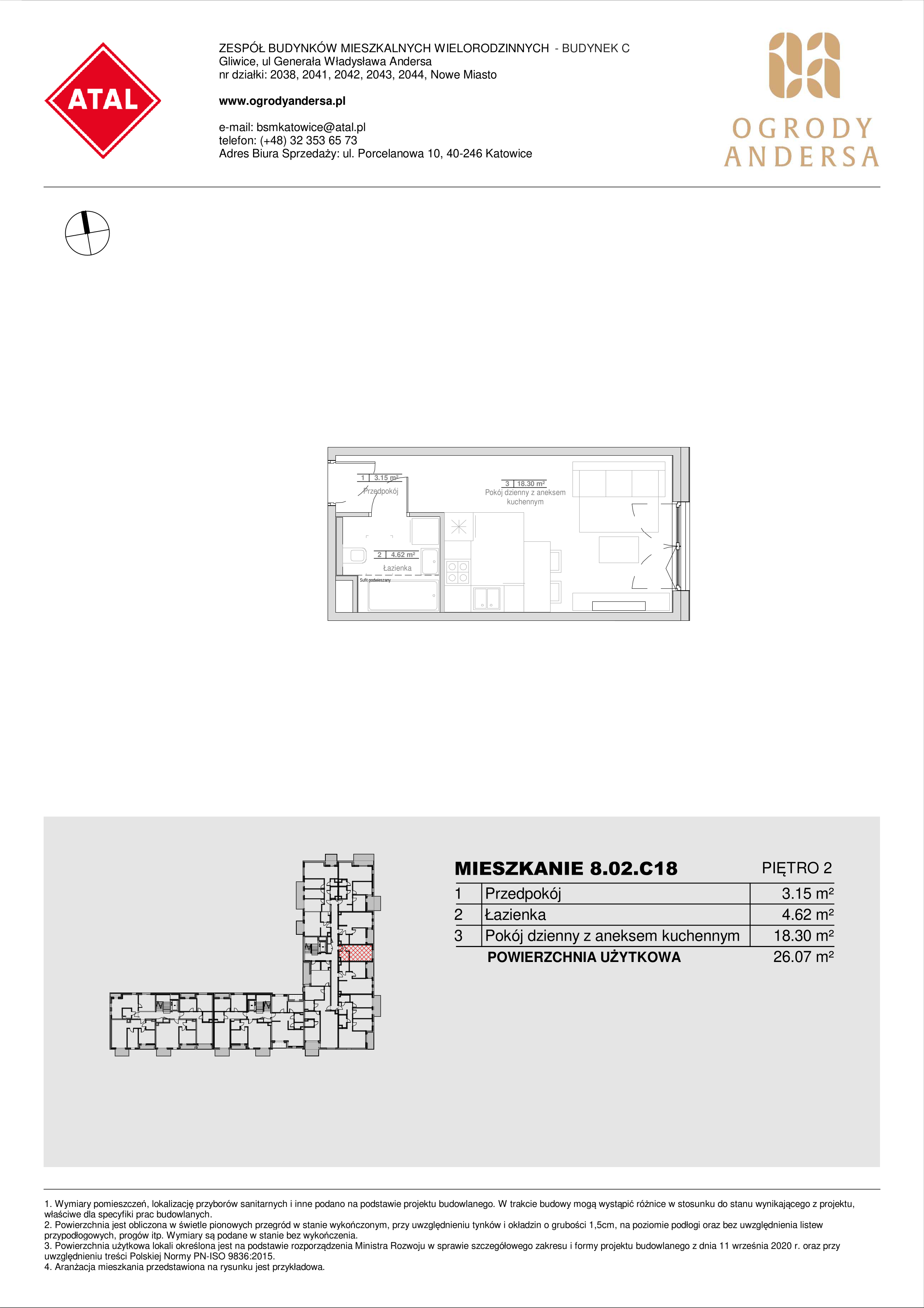 Mieszkanie 26,07 m², piętro 2, oferta nr 8.02.C18, Ogrody Andersa II, Gliwice, Wojska Polskiego, ul. Generała Władysława Andersa-idx