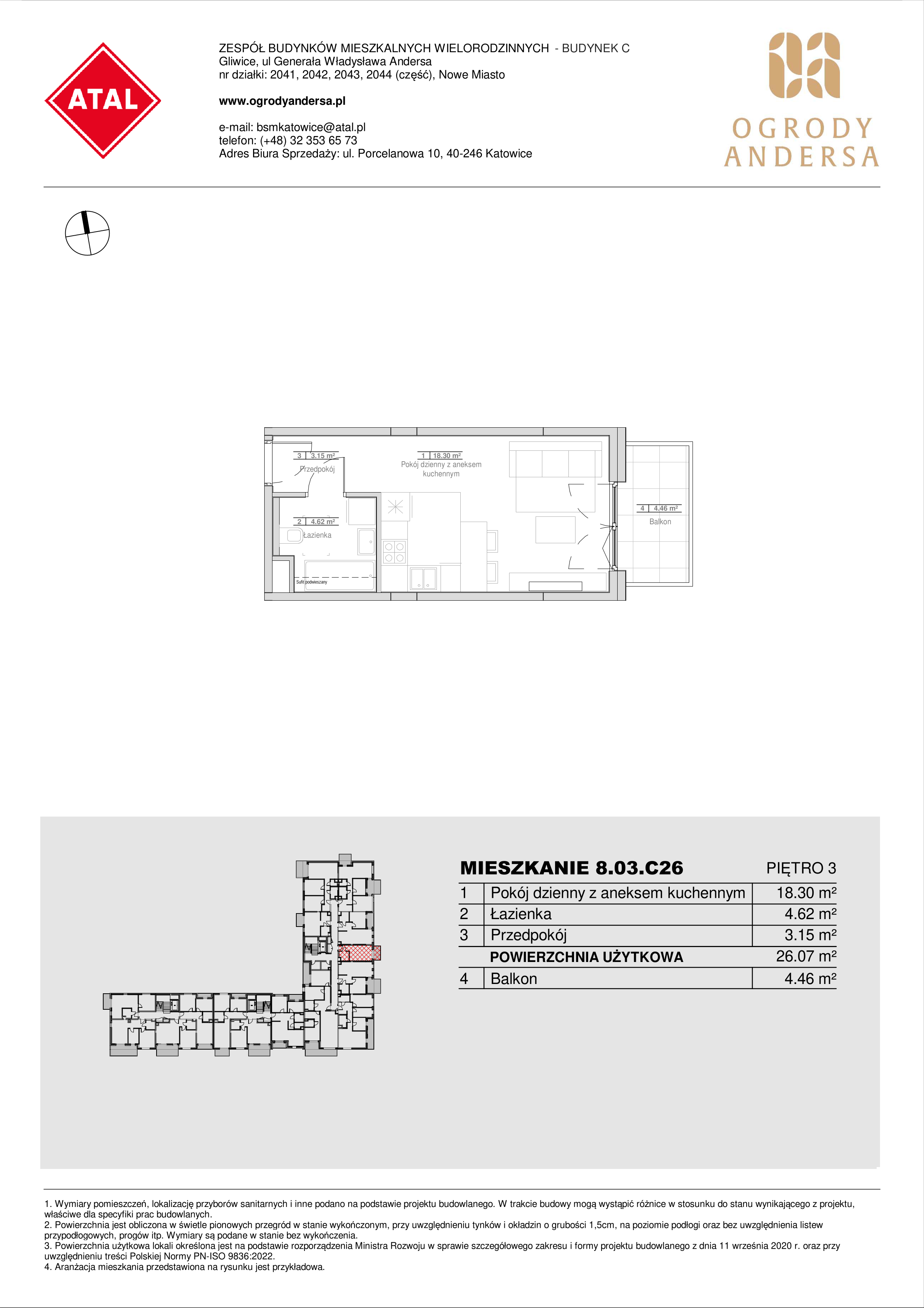 Mieszkanie 26,07 m², piętro 3, oferta nr 8.03.C26, Ogrody Andersa II, Gliwice, Wojska Polskiego, ul. Generała Władysława Andersa-idx