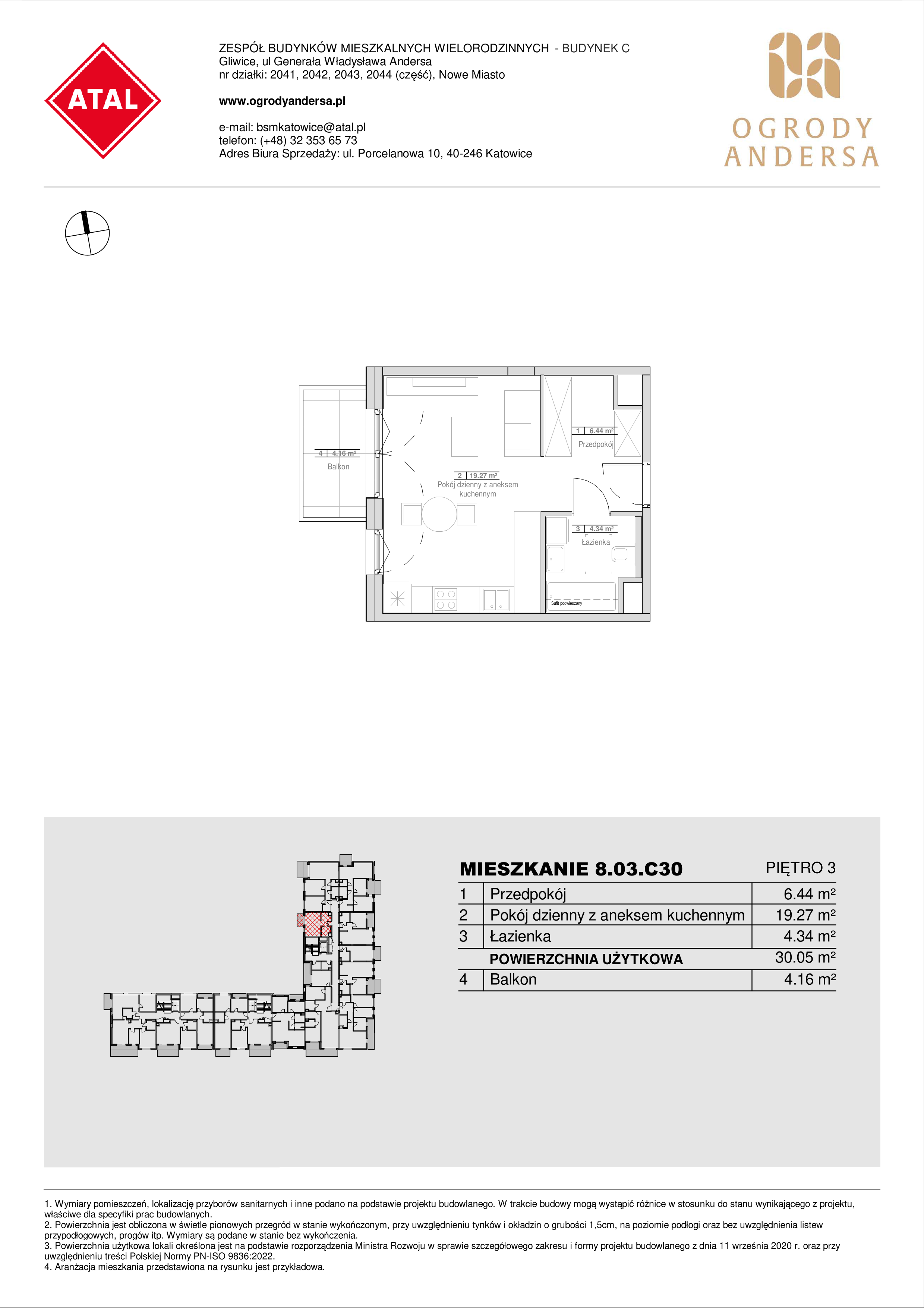 Mieszkanie 30,05 m², piętro 3, oferta nr 8.03.C30, Ogrody Andersa II, Gliwice, Wojska Polskiego, ul. Generała Władysława Andersa-idx