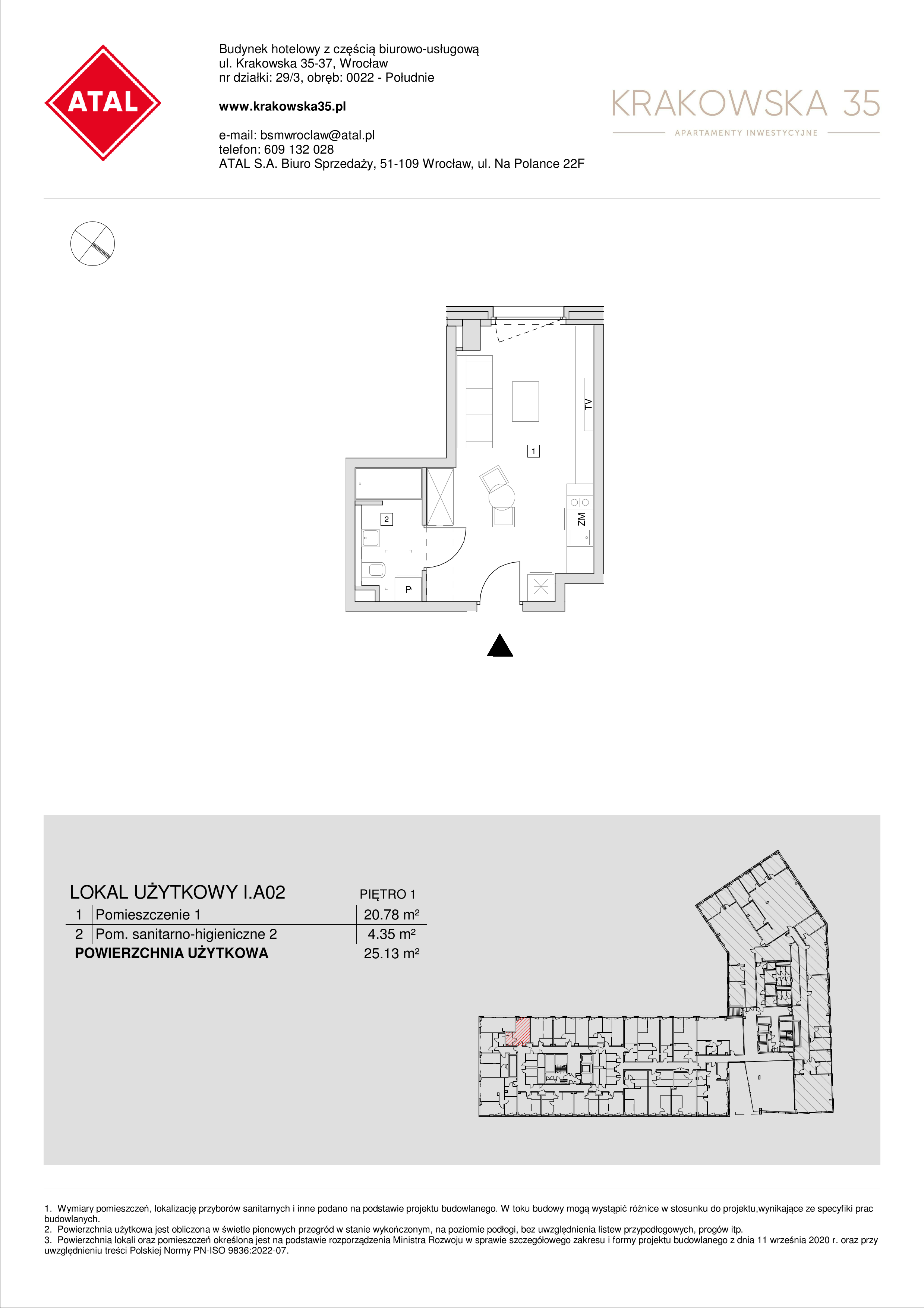 Mieszkanie 25,13 m², piętro 1, oferta nr I.A.02, Krakowska 35, Wrocław, Przedmieście Oławskie, Krzyki, ul. Krakowska-idx