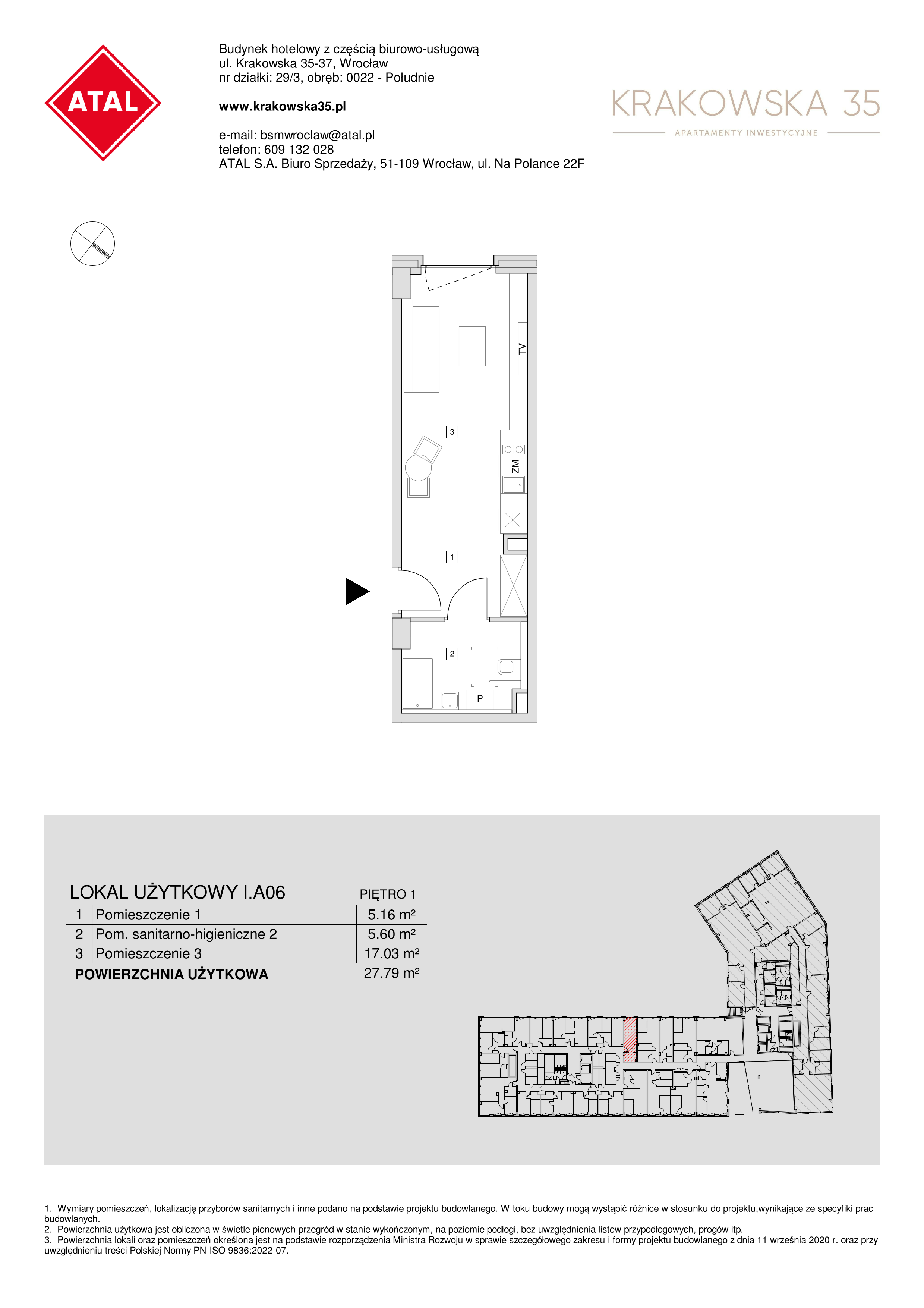 Mieszkanie 27,79 m², piętro 1, oferta nr I.A.06, Krakowska 35, Wrocław, Przedmieście Oławskie, Krzyki, ul. Krakowska-idx